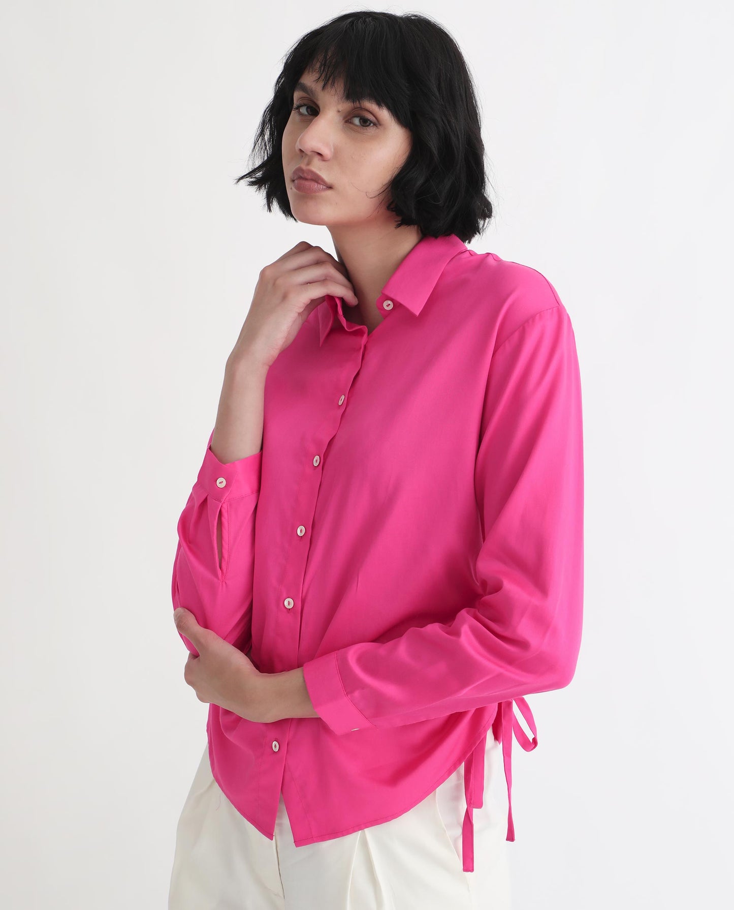 Rareism Women Avocado Pink Cotton Fabric Full Sleeves Button Closure Shirt Collar Regular Fit Plain Top