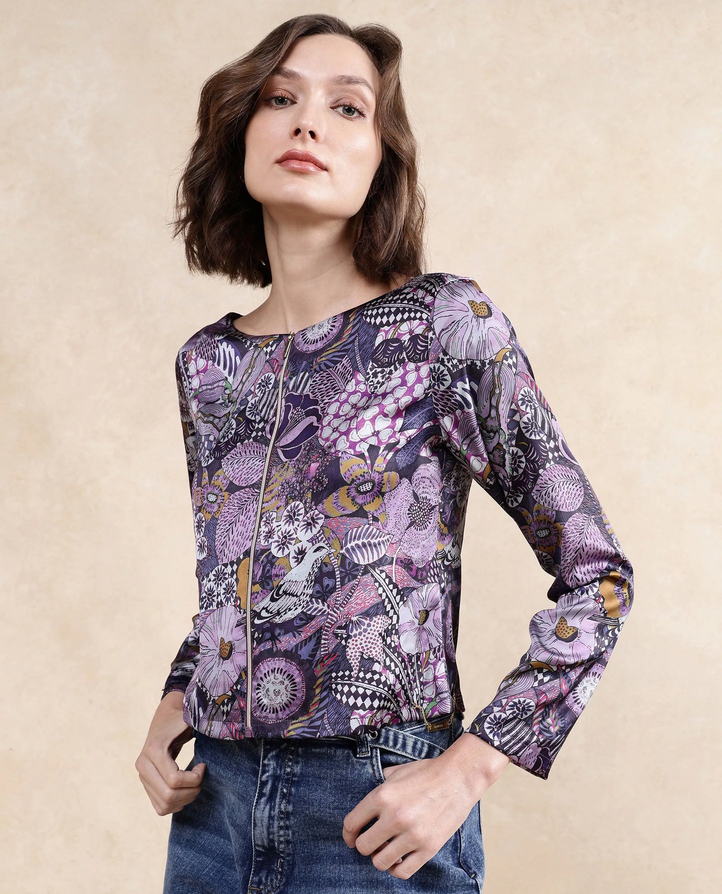 Rareism Women Aydin Multi Polyester Fabric Full Sleeve Round Neck Zipper Closure Cropped Abstract Print Top