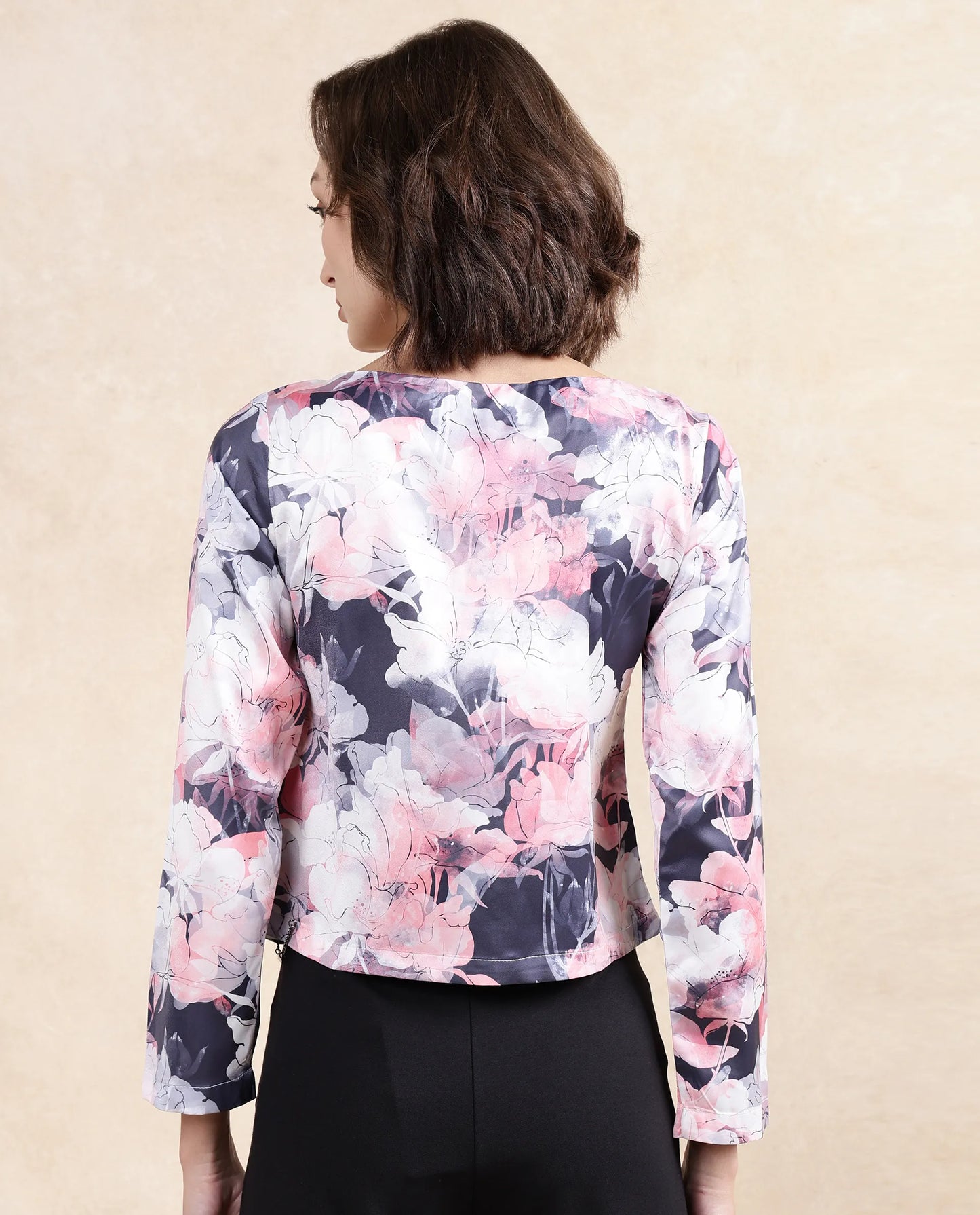 Rareism Women Aydino Multi Satin Full Sleeve Round Neck Zipper Closure Cropped Floral Print Top