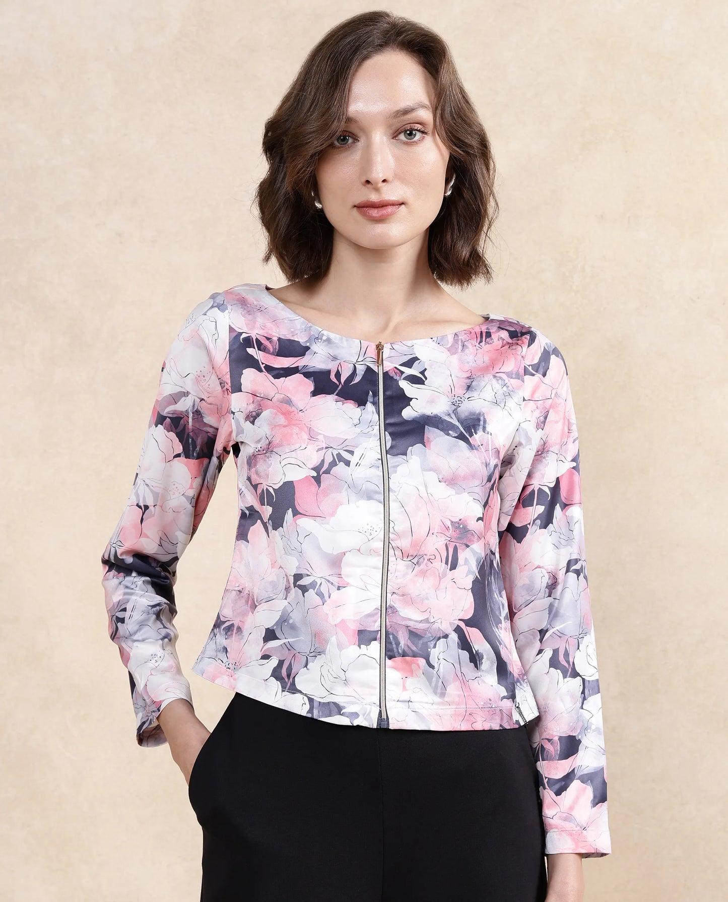 Rareism Women Aydino Multi Satin Full Sleeve Round Neck Zipper Closure Cropped Floral Print Top