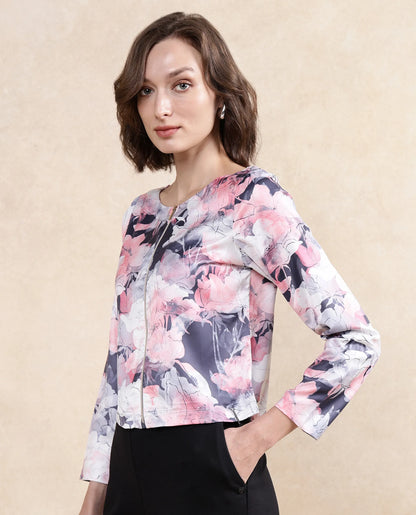 Rareism Women Aydino Multi Satin Full Sleeve Round Neck Zipper Closure Cropped Floral Print Top