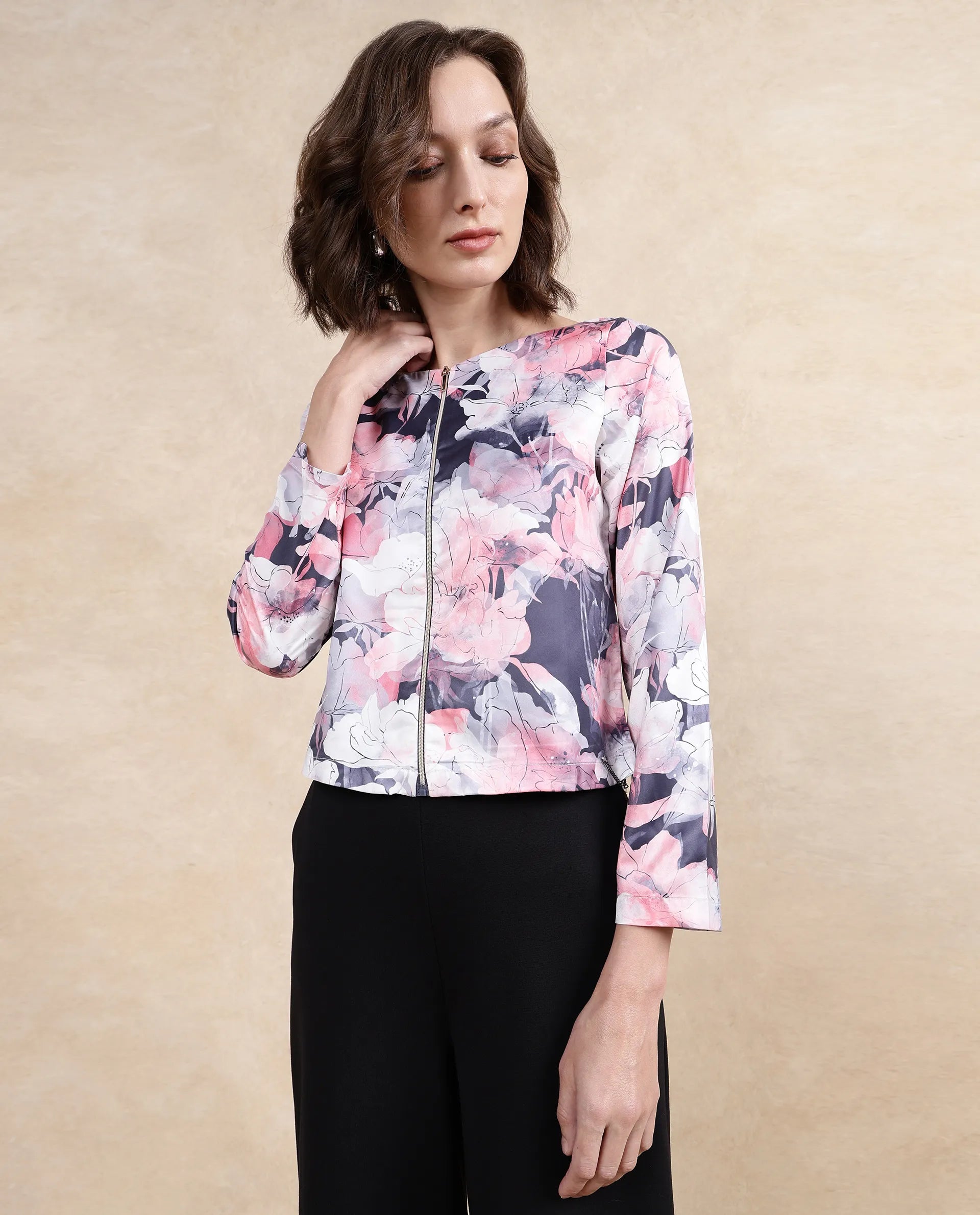 Rareism Women Aydino Multi Satin Full Sleeve Round Neck Zipper Closure Cropped Floral Print Top