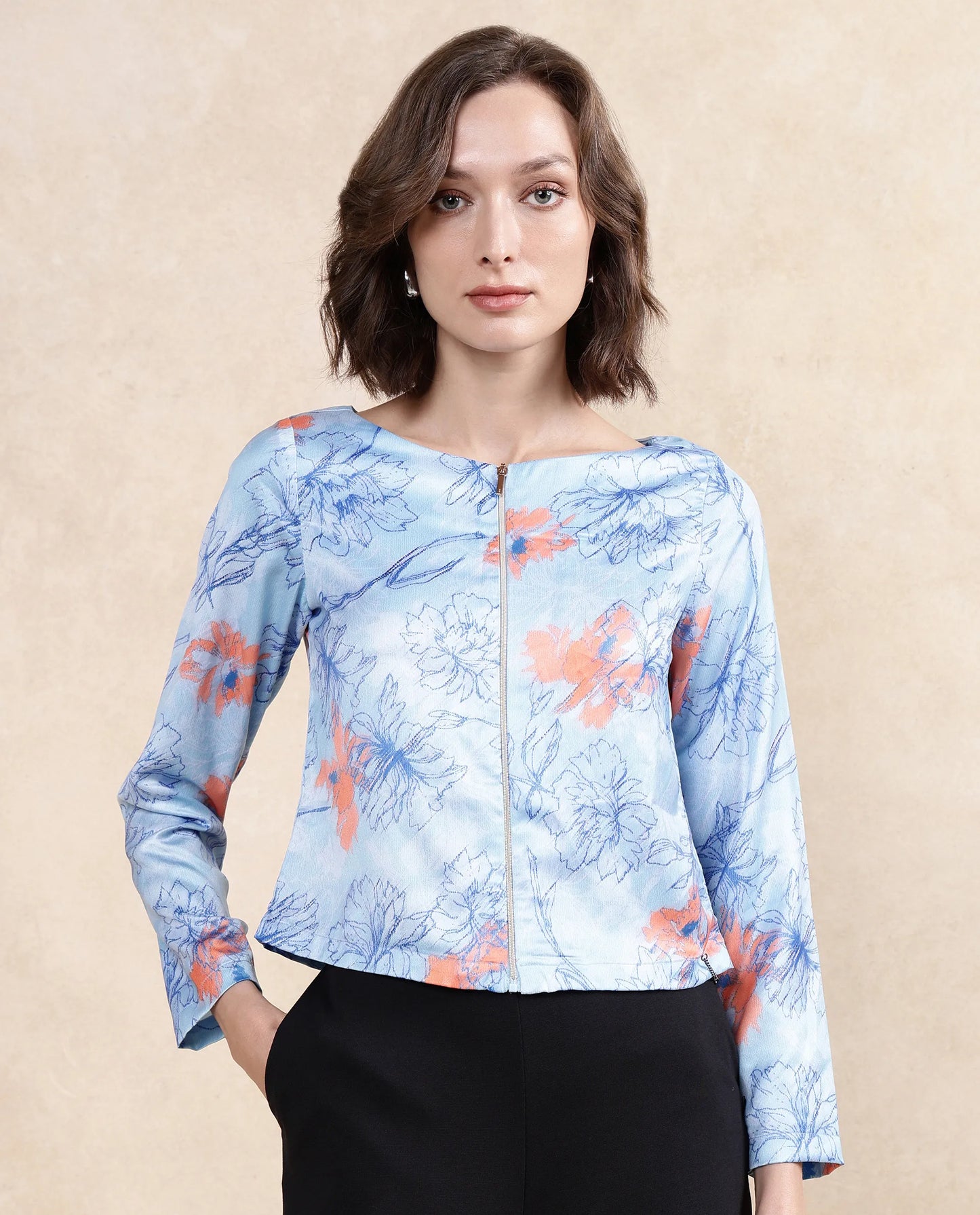 Rareism Women Aydins Light Multi Satin Full Sleeve Round Neck Zipper Closure Cropped Floral Print Top