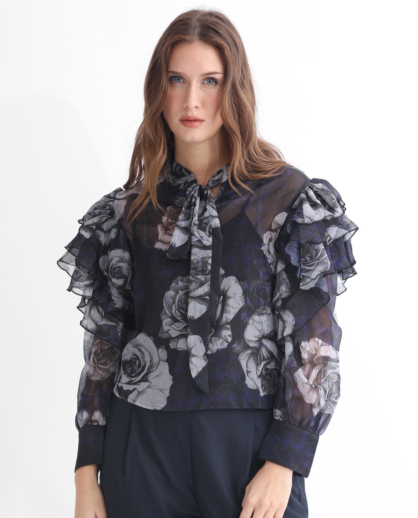 Rareism Women Ayka Dusky Purple Polyester Fabric Full Sleeves V-Neck Cuffed Sleeve Regular Fit Floral Print Blouse Top