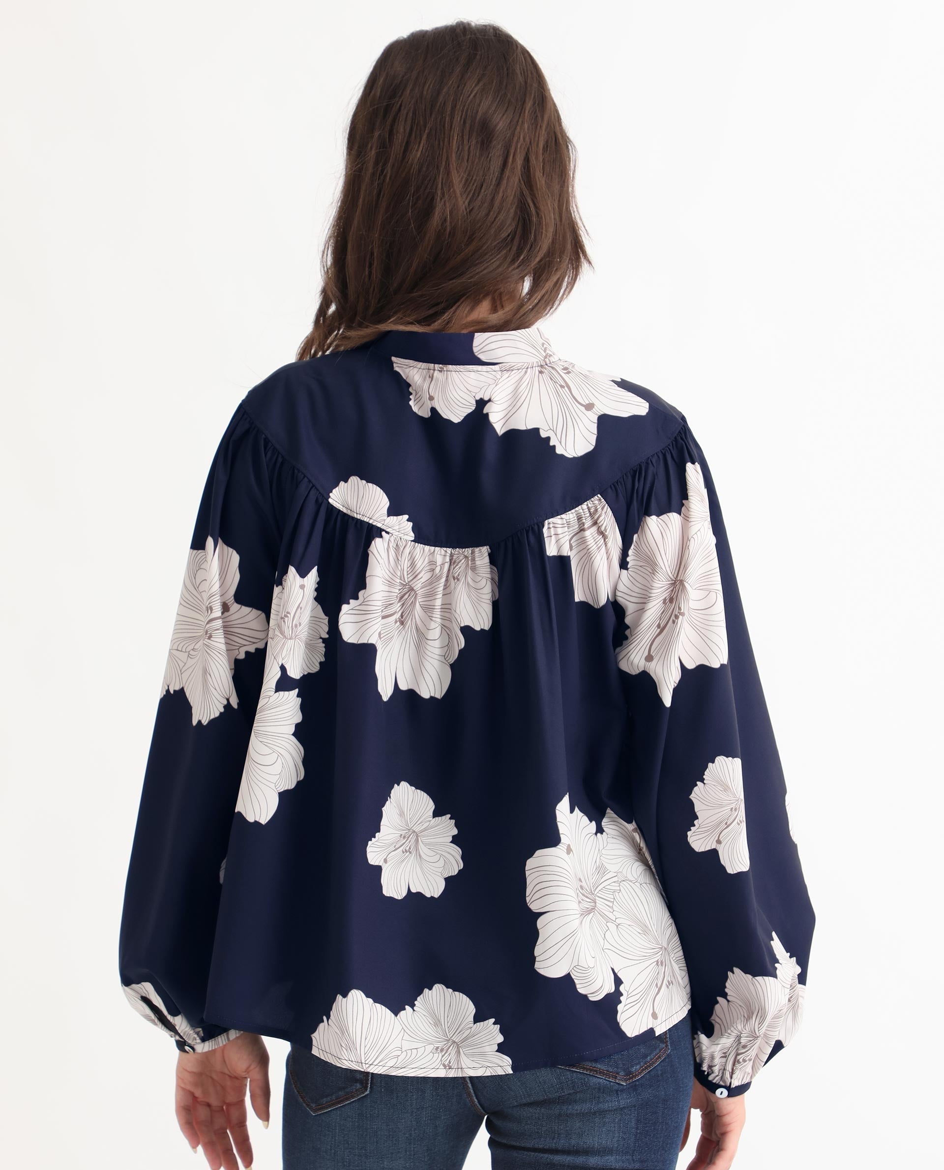 Rareism Women Azure Dark Navy Polyester Fabric Full Sleeves Tie-Up Closure High Neck Bishop Sleeve Relaxed Fit Floral Print Top