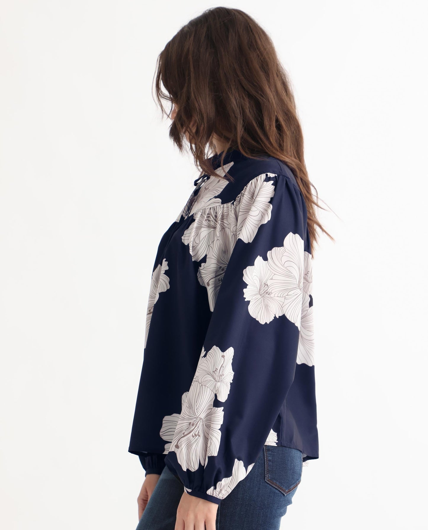 Rareism Women Azure Dark Navy Polyester Fabric Full Sleeves Tie-Up Closure High Neck Bishop Sleeve Relaxed Fit Floral Print Top