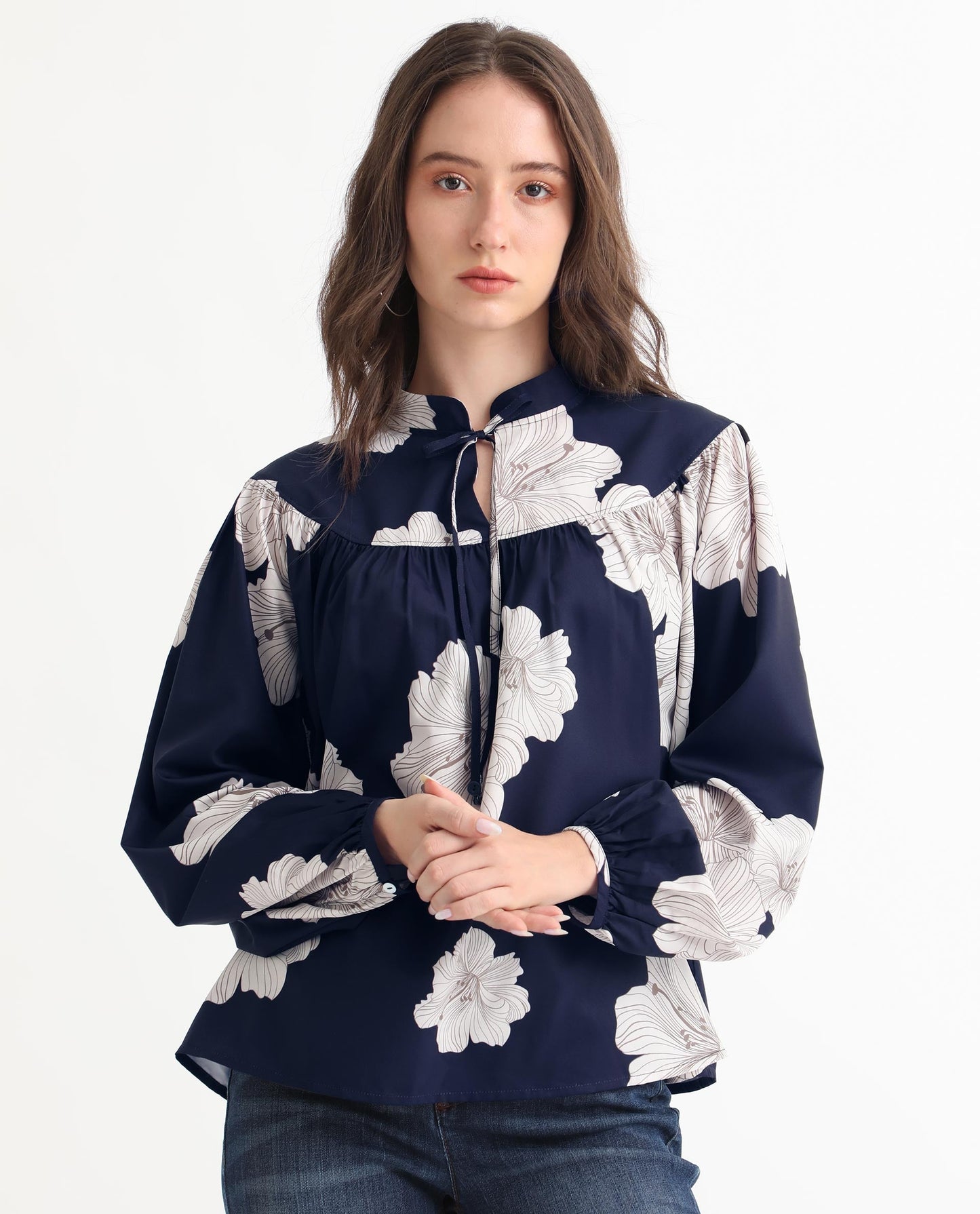 Rareism Women Azure Dark Navy Polyester Fabric Full Sleeves Tie-Up Closure High Neck Bishop Sleeve Relaxed Fit Floral Print Top