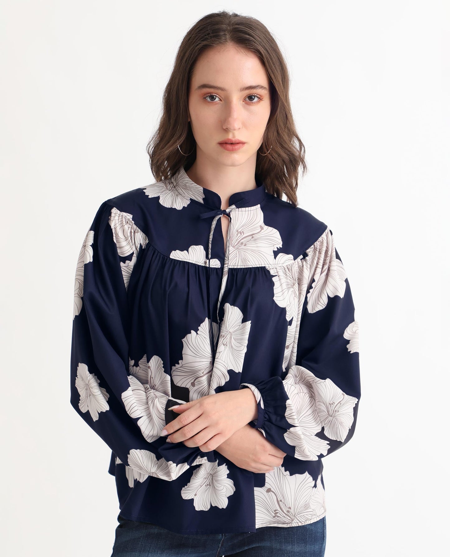 Rareism Women Azure Dark Navy Polyester Fabric Full Sleeves Tie-Up Closure High Neck Bishop Sleeve Relaxed Fit Floral Print Top