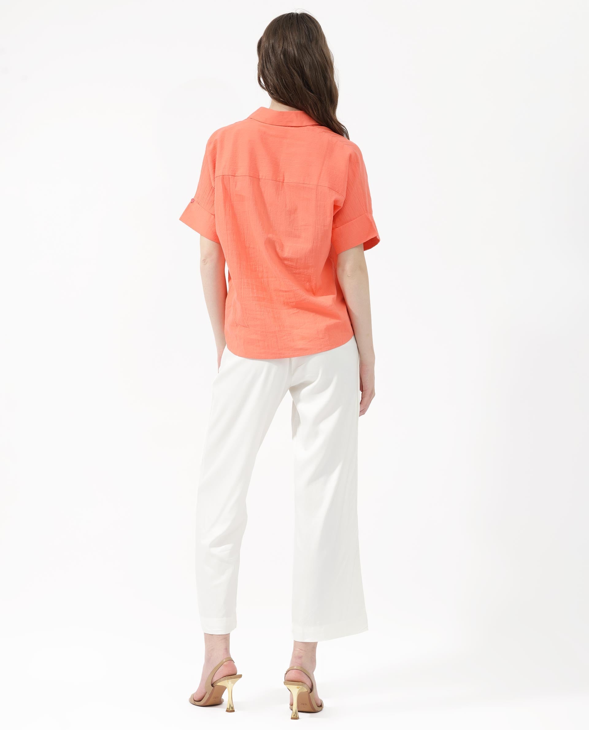 Rareism Women Azzure Orange Top Short Sleeve Solid