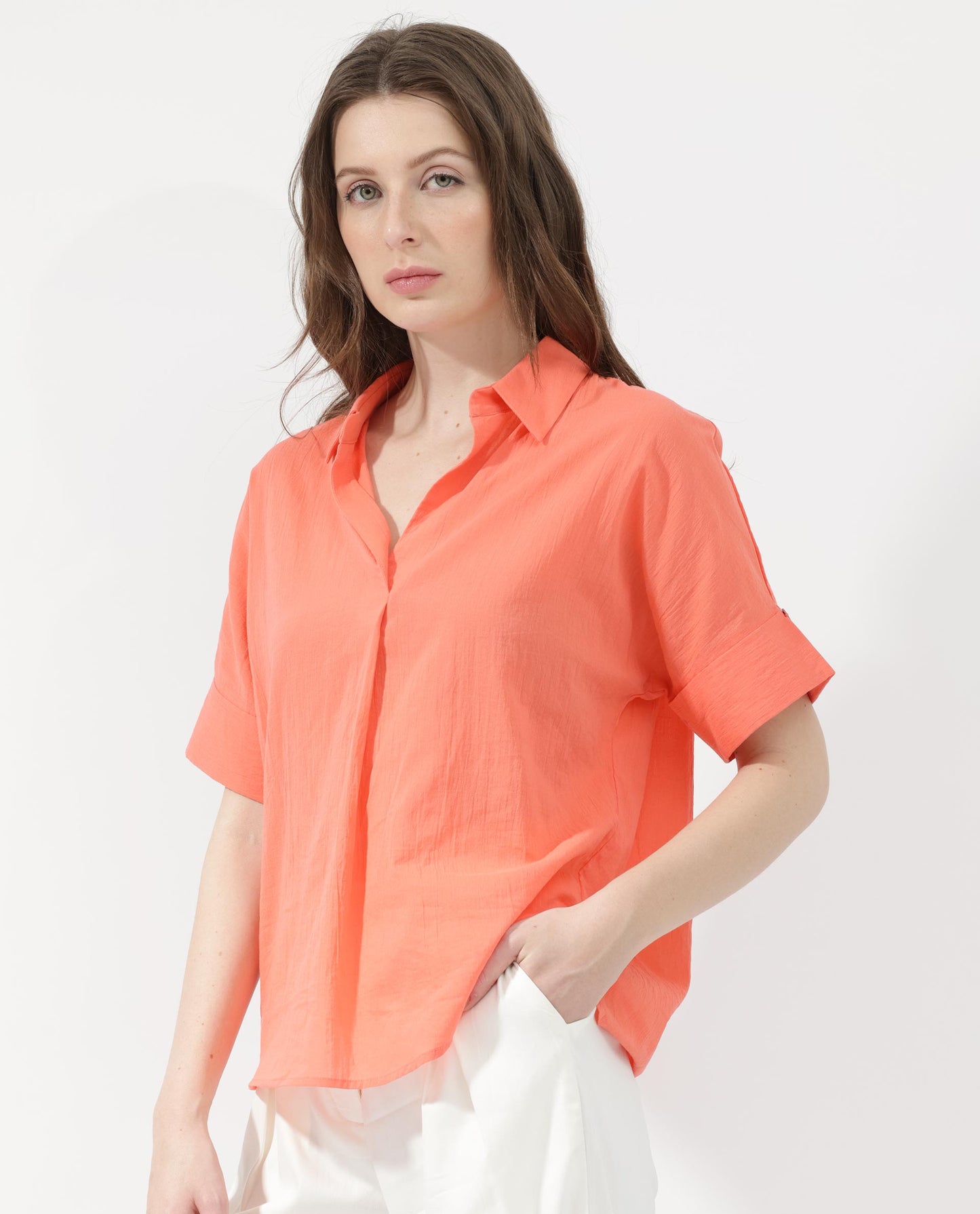 Rareism Women Azzure Orange Top Short Sleeve Solid