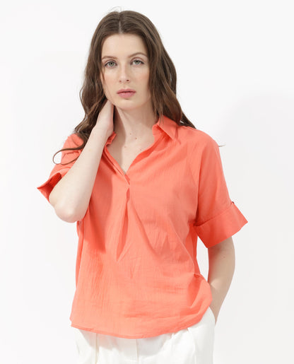 Rareism Women Azzure Orange Top Short Sleeve Solid