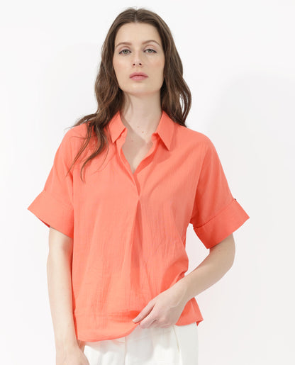 Rareism Women Azzure Orange Top Short Sleeve Solid