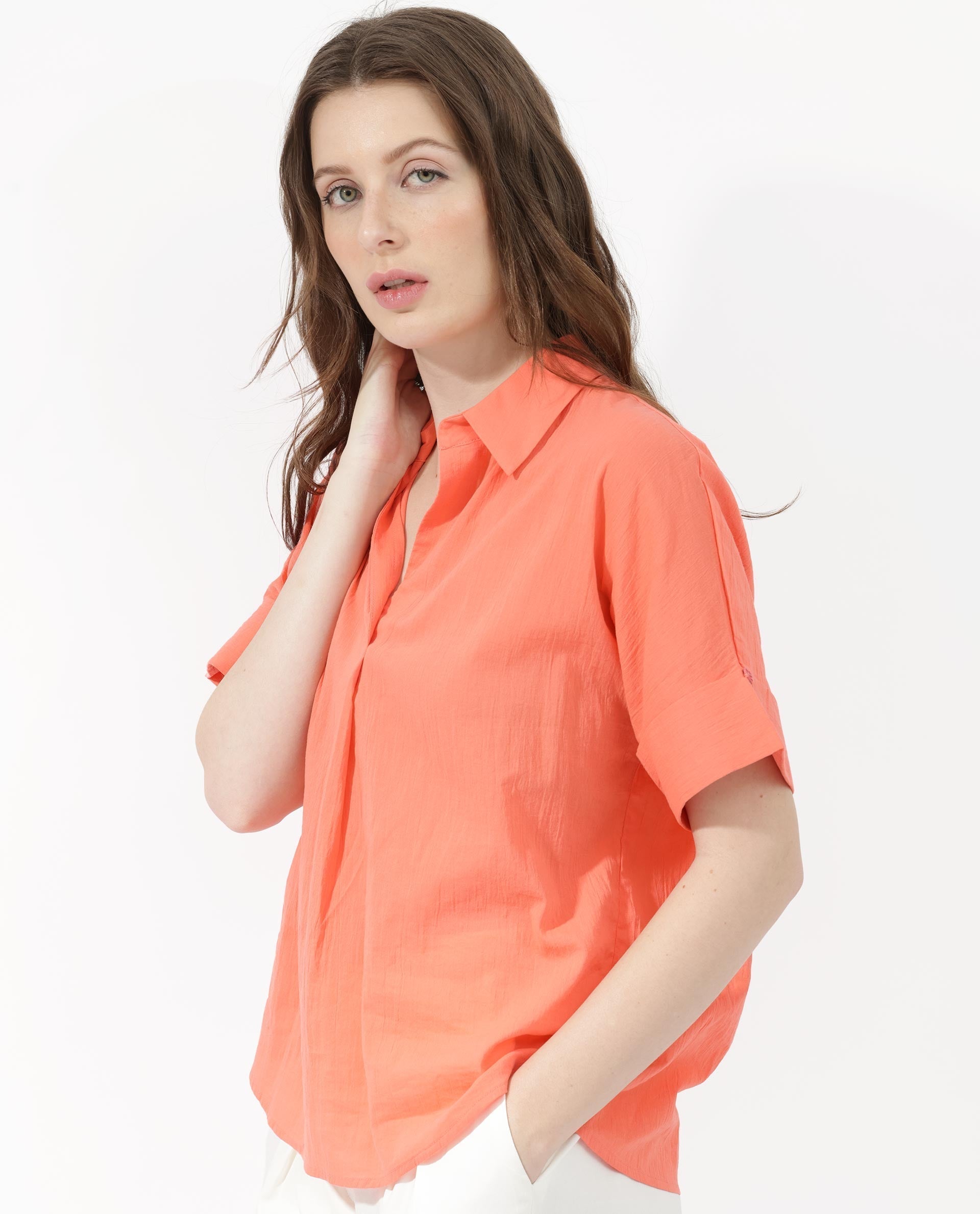 Rareism Women Azzure Orange Top Short Sleeve Solid