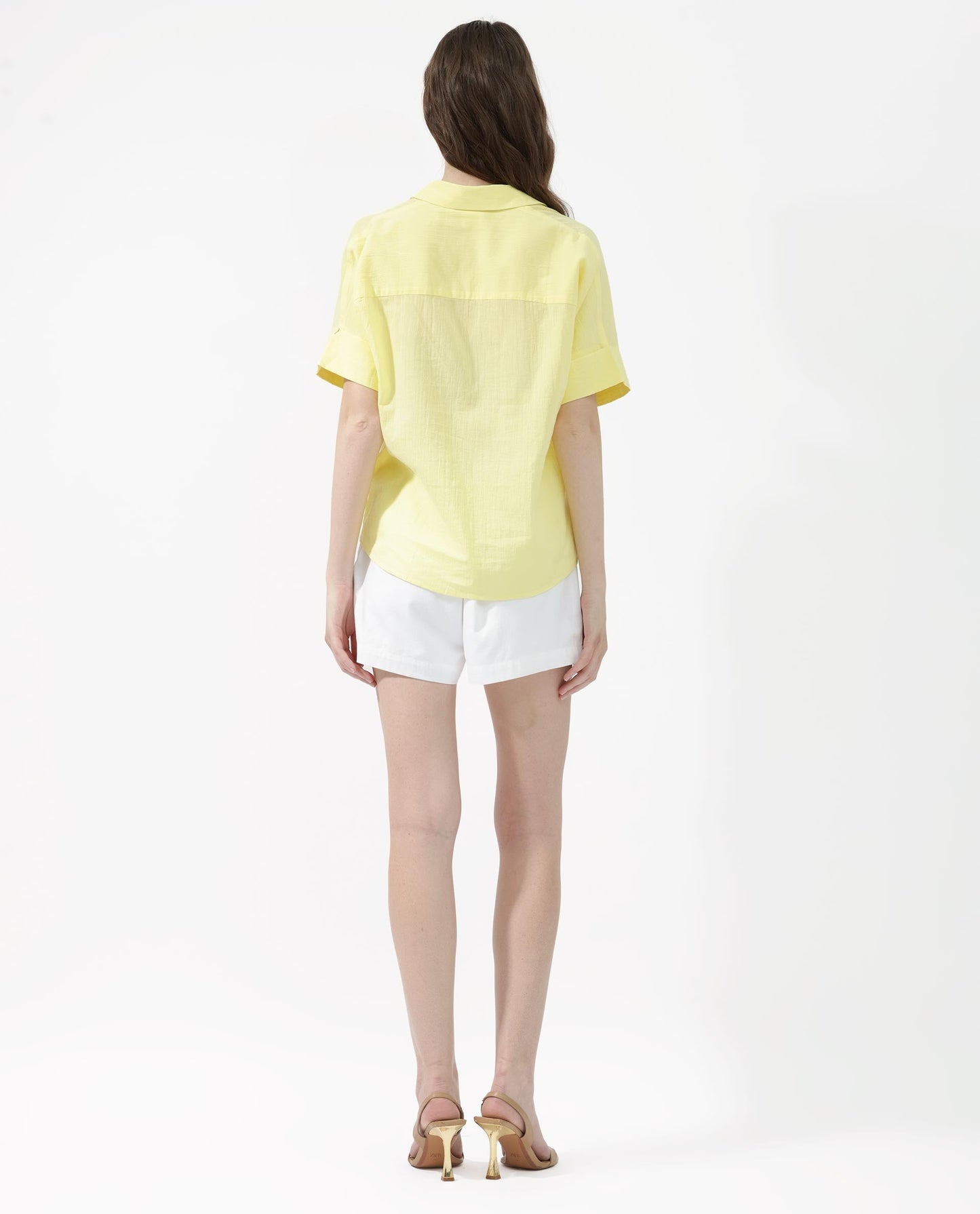 Rareism Women Azzure Yellow Cotton Fabric Short Sleeves Collared Neck Extended Sleeve Boxy Fit Plain Top