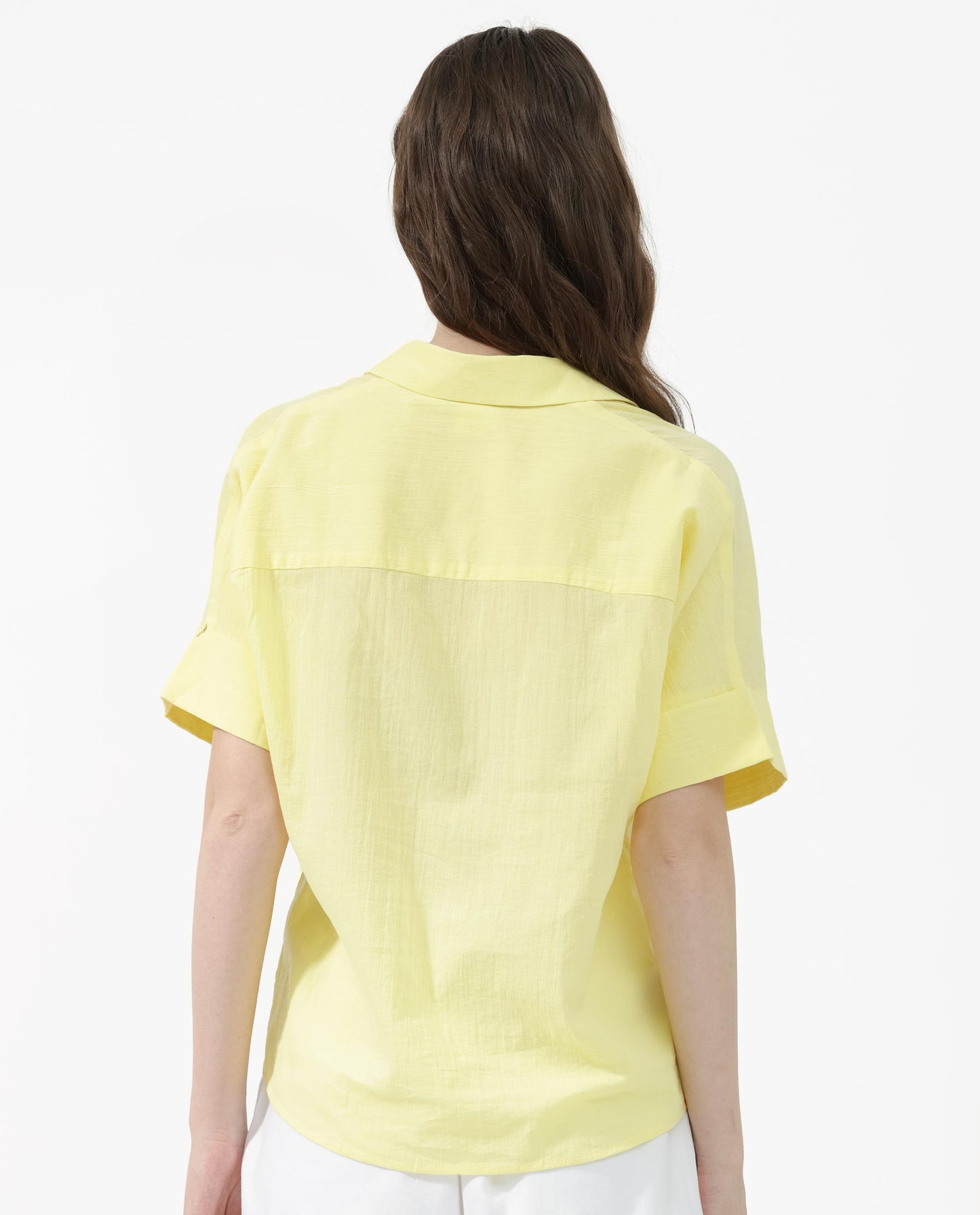 Rareism Women Azzure Yellow Cotton Fabric Short Sleeves Collared Neck Extended Sleeve Boxy Fit Plain Top