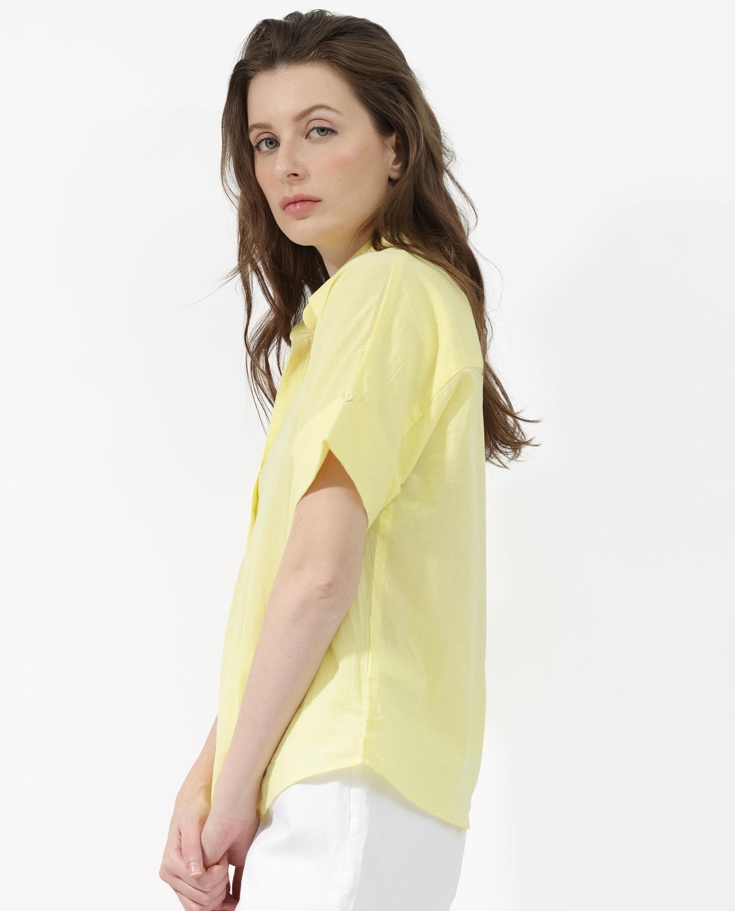 Rareism Women Azzure Yellow Cotton Fabric Short Sleeves Collared Neck Extended Sleeve Boxy Fit Plain Top