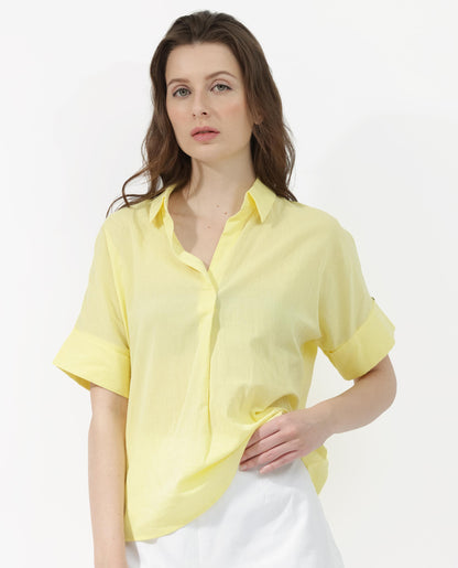 Rareism Women Azzure Yellow Cotton Fabric Short Sleeves Collared Neck Extended Sleeve Boxy Fit Plain Top