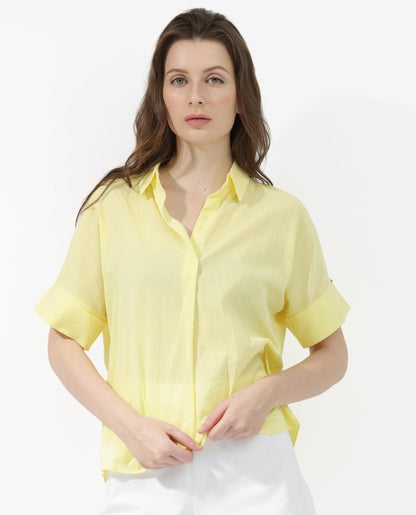 Rareism Women Azzure Yellow Cotton Fabric Short Sleeves Collared Neck Extended Sleeve Boxy Fit Plain Top