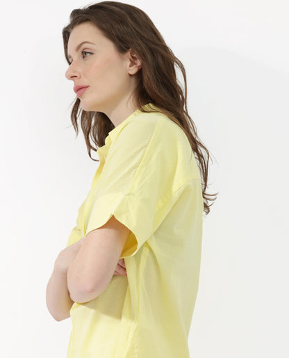 Rareism Women Azzure Yellow Cotton Fabric Short Sleeves Collared Neck Extended Sleeve Boxy Fit Plain Top