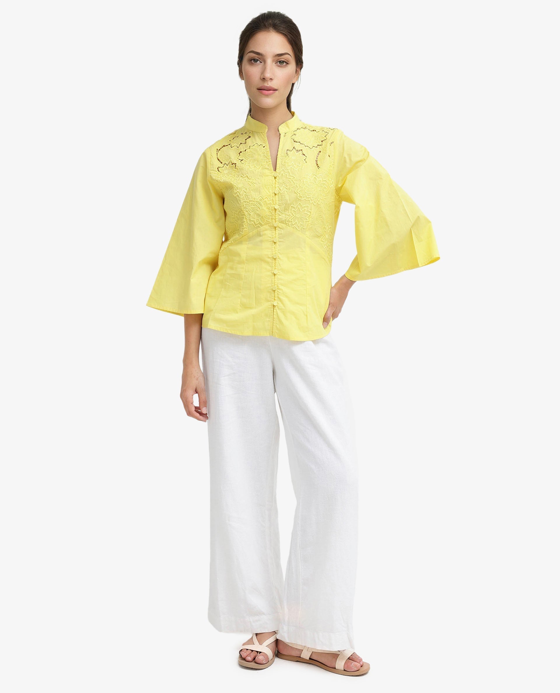 Rareism Women Badgle-T Pastel Yellow Cotton Fabric Full Sleeve Collared Neck   Embroidered Top