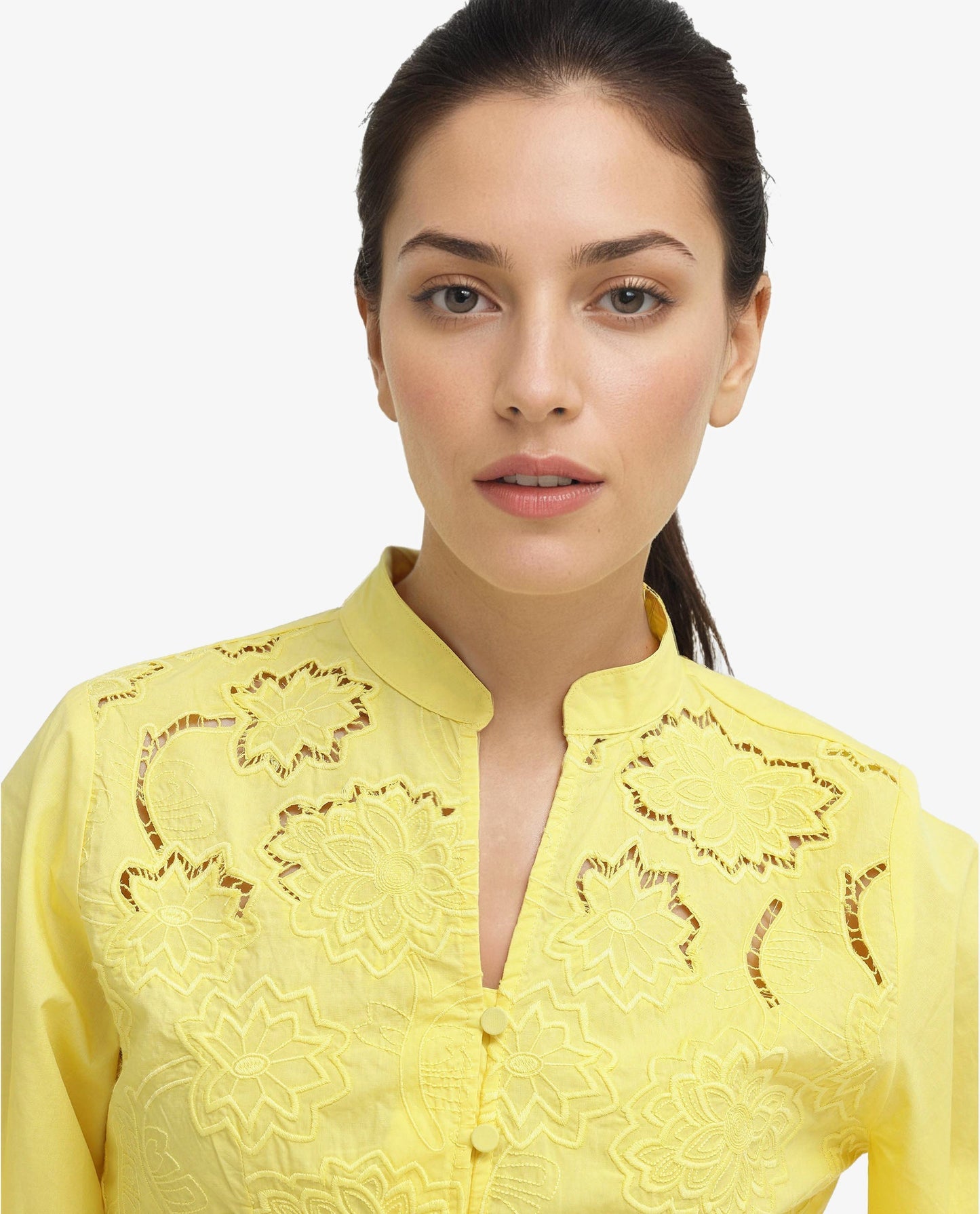 Rareism Women Badgle-T Pastel Yellow Cotton Fabric Full Sleeve Collared Neck   Embroidered Top