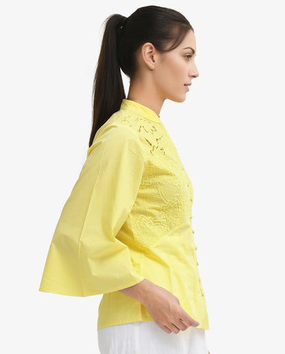 Rareism Women Badgle-T Pastel Yellow Cotton Fabric Full Sleeve Collared Neck   Embroidered Top