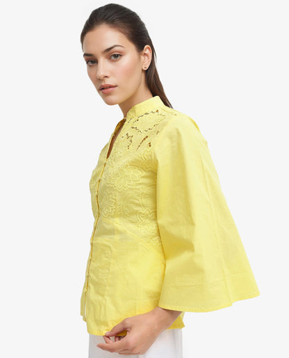 Rareism Women Badgle-T Pastel Yellow Cotton Fabric Full Sleeve Collared Neck   Embroidered Top