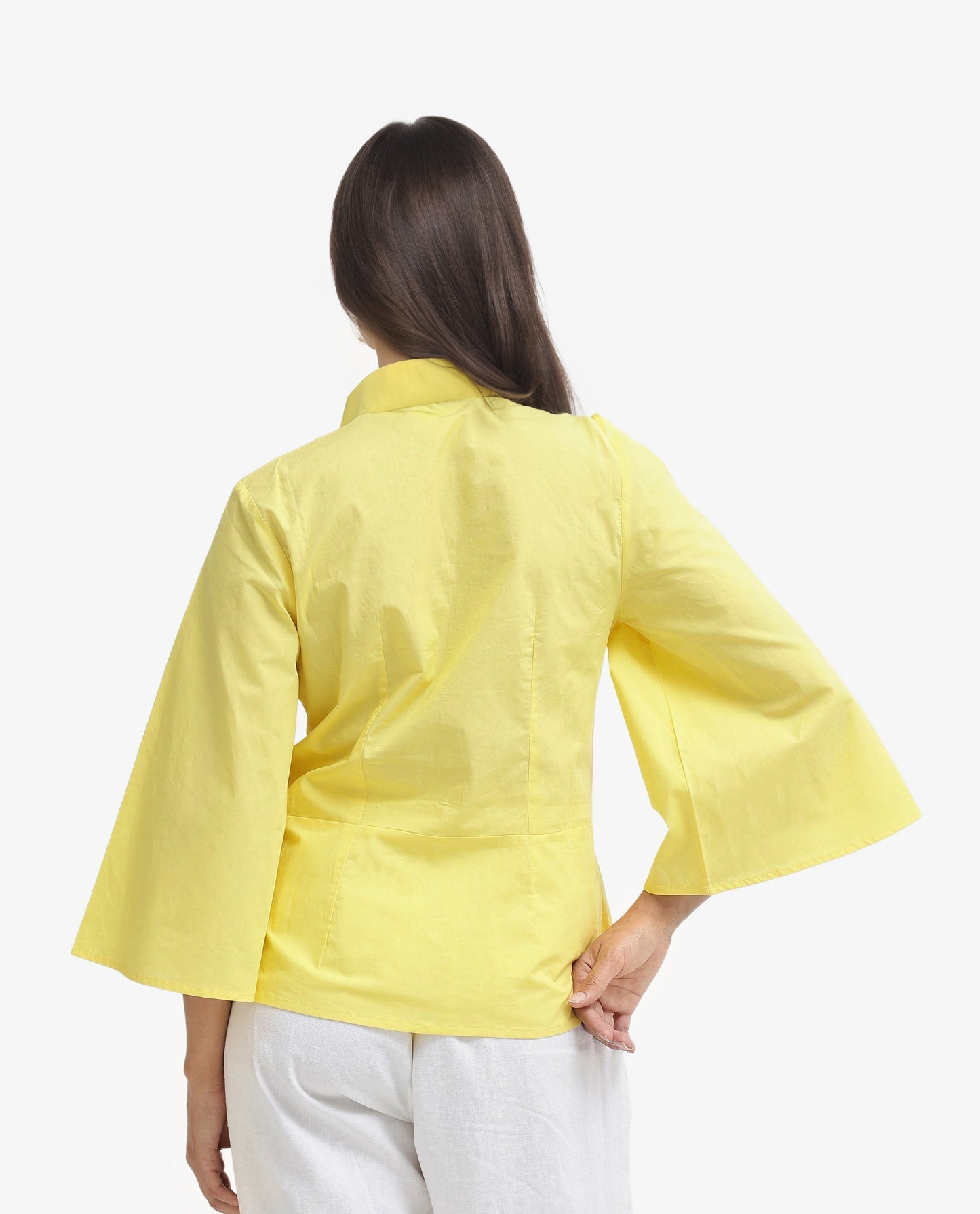 Rareism Women Badgle-T Pastel Yellow Cotton Fabric Full Sleeve Collared Neck   Embroidered Top