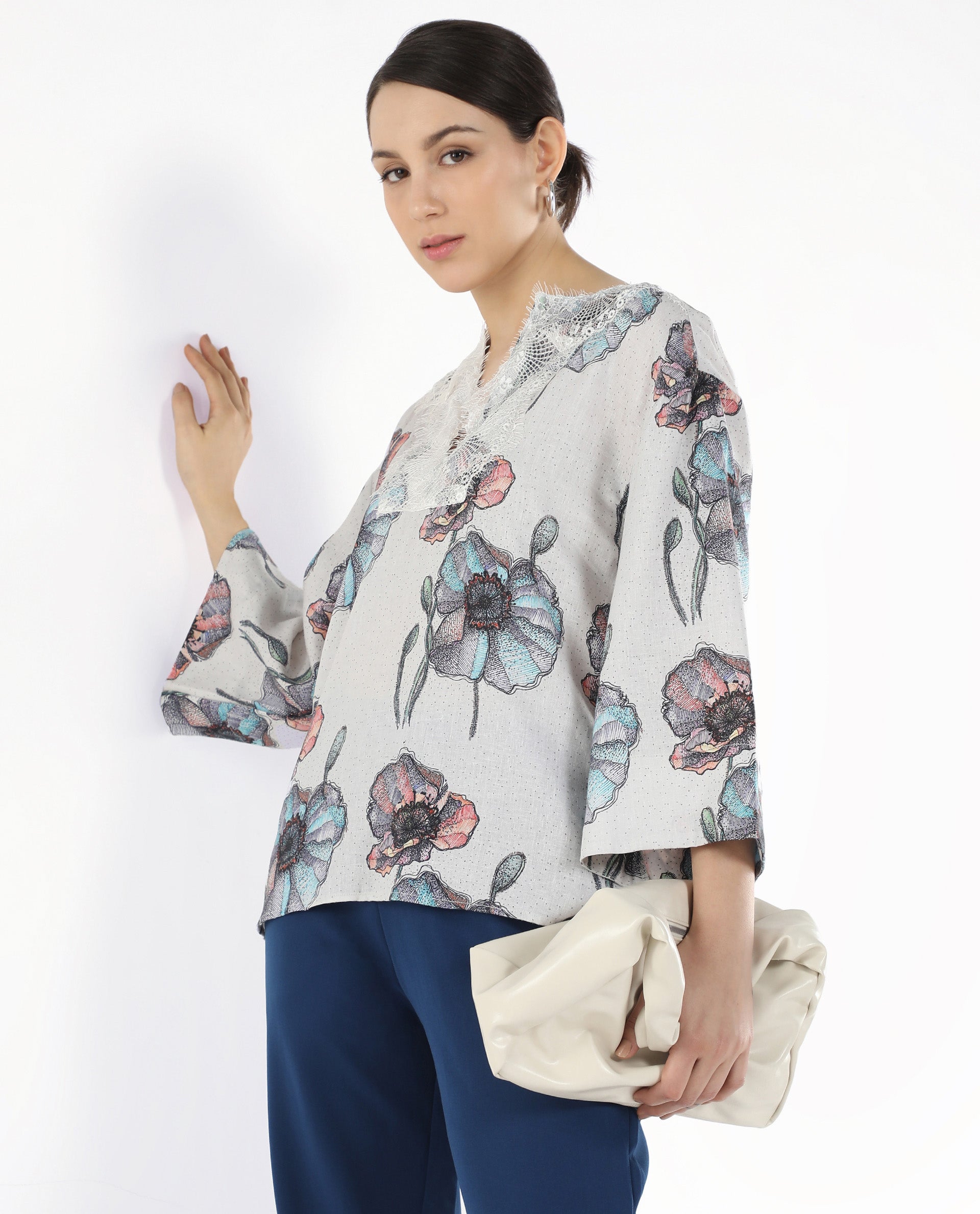 Rareism Women Baizen Multi Cotton Linen Fabric Regular Sleeves Key Hole Neck Floral Print Regular Length Top