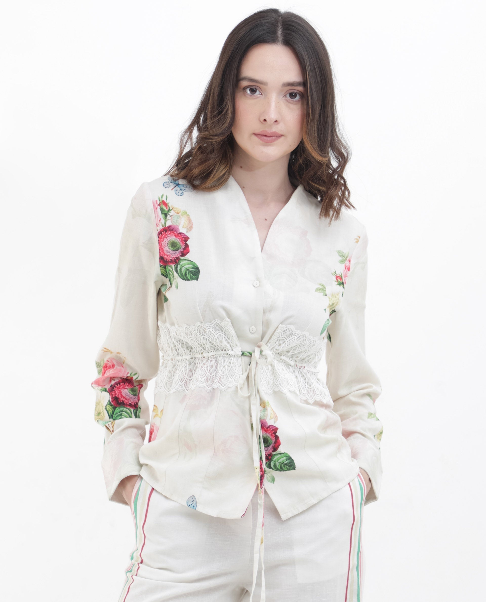 Rareism Women Banche-T Off White Cotton Linen Fabric Full Sleeve Collared Neck Floral Print Regular Length Top