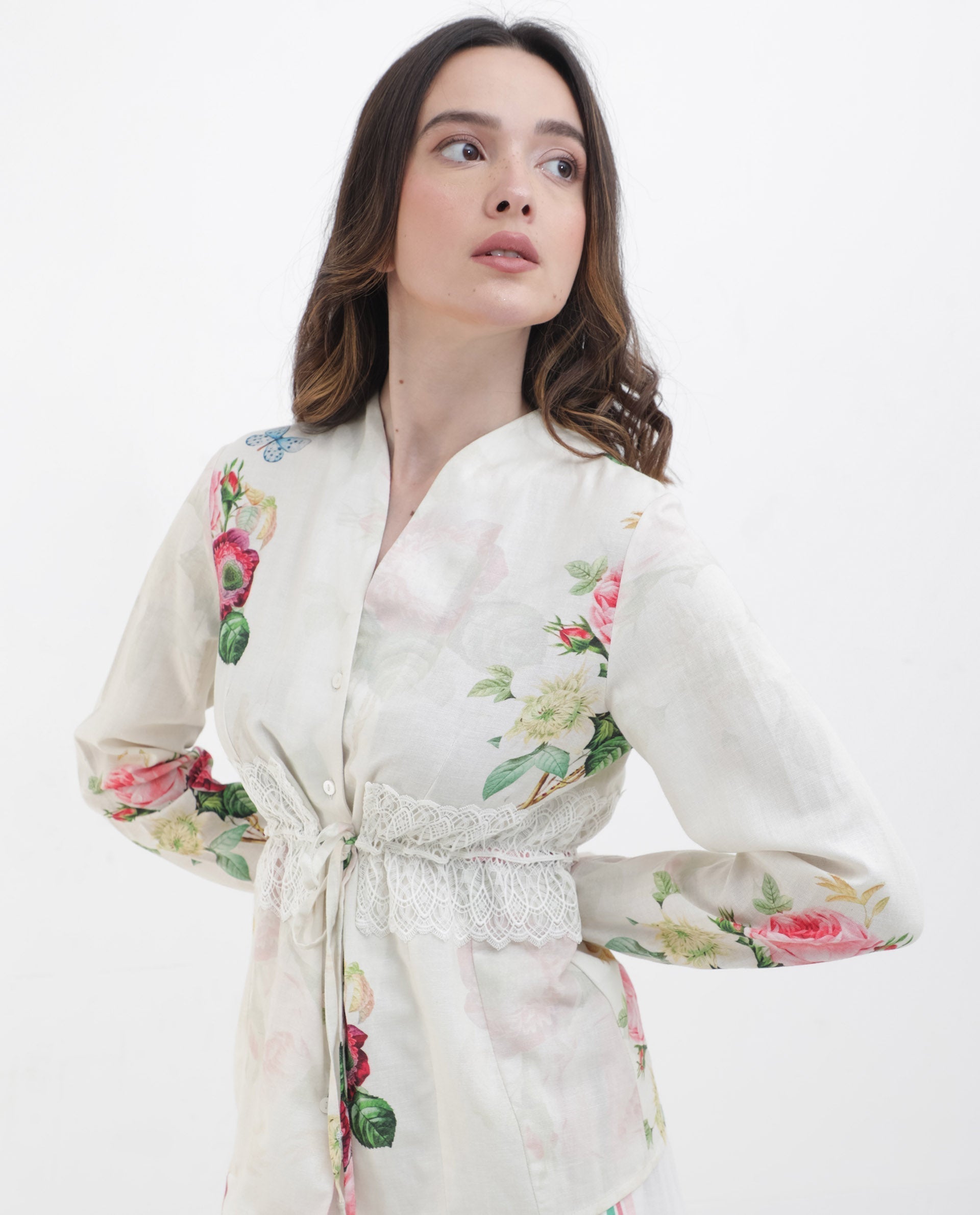 Rareism Women Banche-T Off White Cotton Linen Fabric Full Sleeve Collared Neck Floral Print Regular Length Top