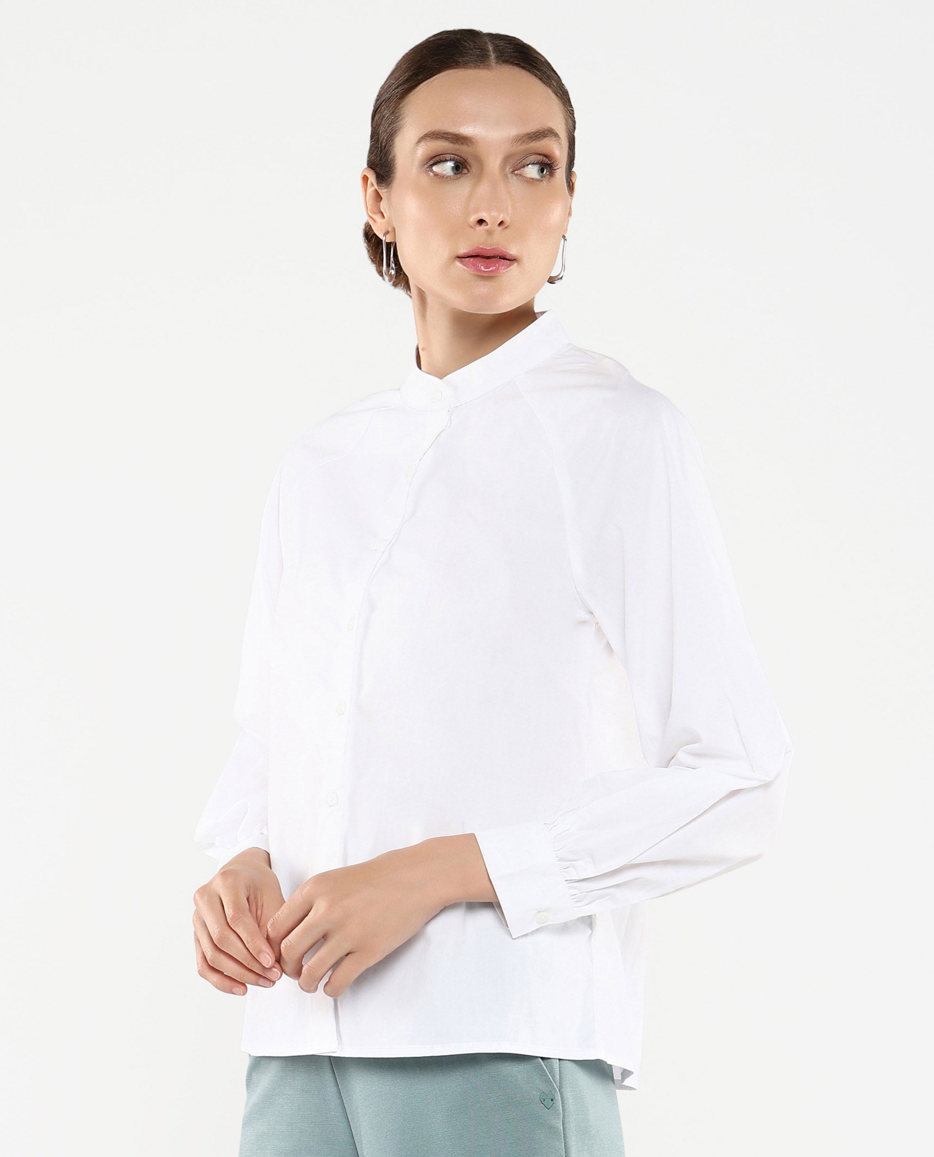 Rareism Women Bartpo White Full Sleeve Ruffled Neck Plain Top