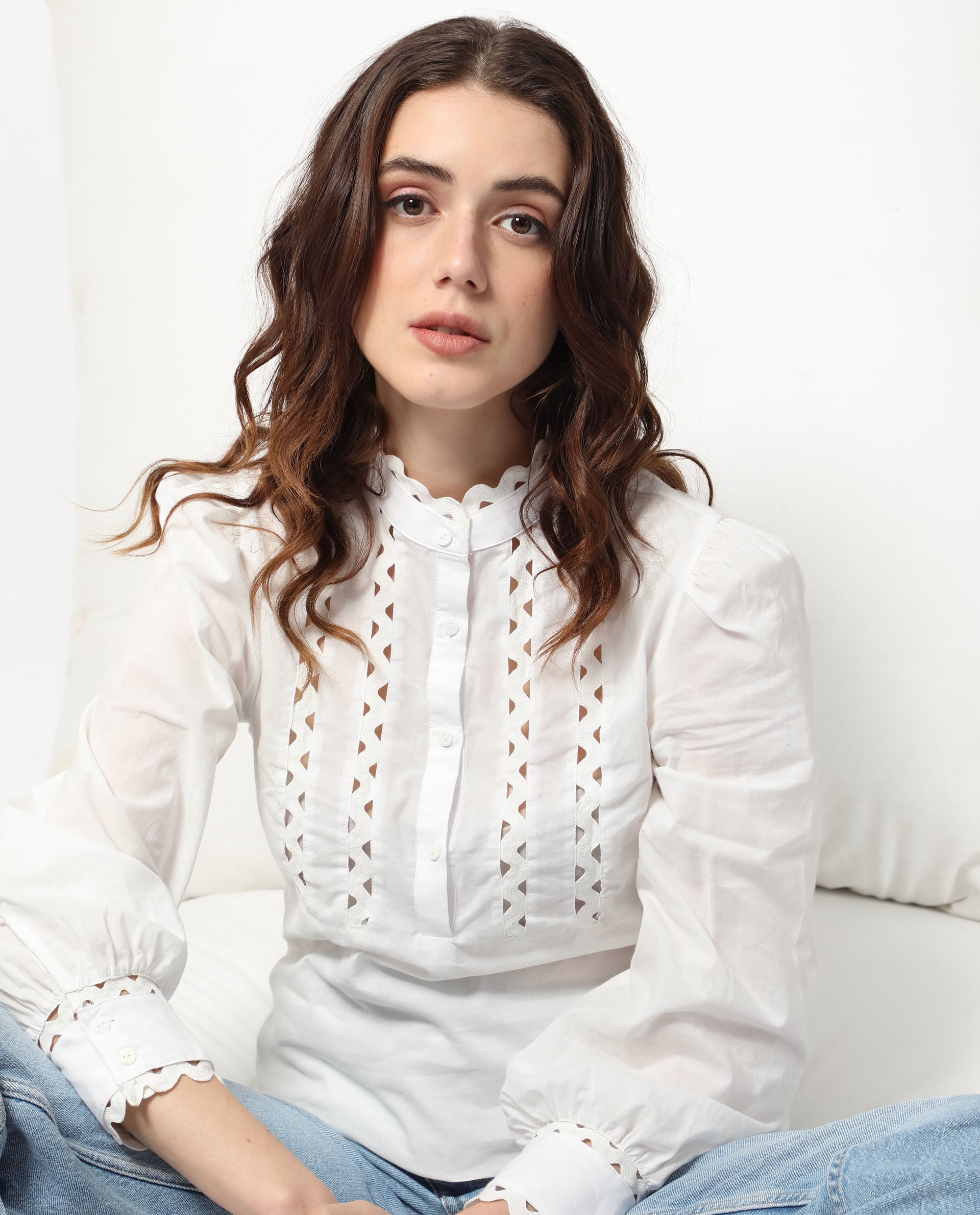 Rareism Women Basil Off White Cotton Fabric Full Sleeves Button Closure Mandarin Collar Cuffed Sleeve Regular Fit Plain Blouse Top