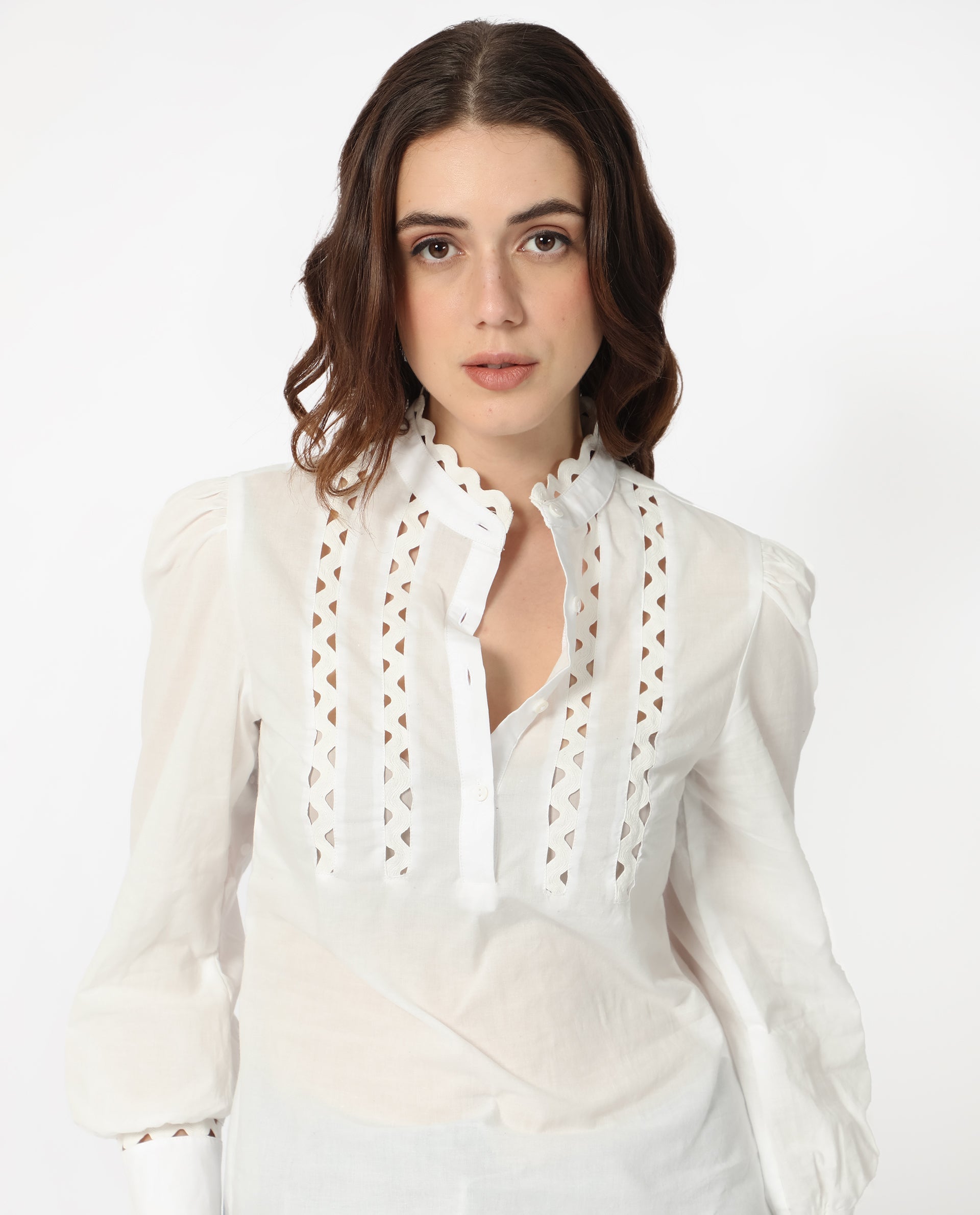 Rareism Women Basil Off White Cotton Fabric Full Sleeves Button Closure Mandarin Collar Cuffed Sleeve Regular Fit Plain Blouse Top