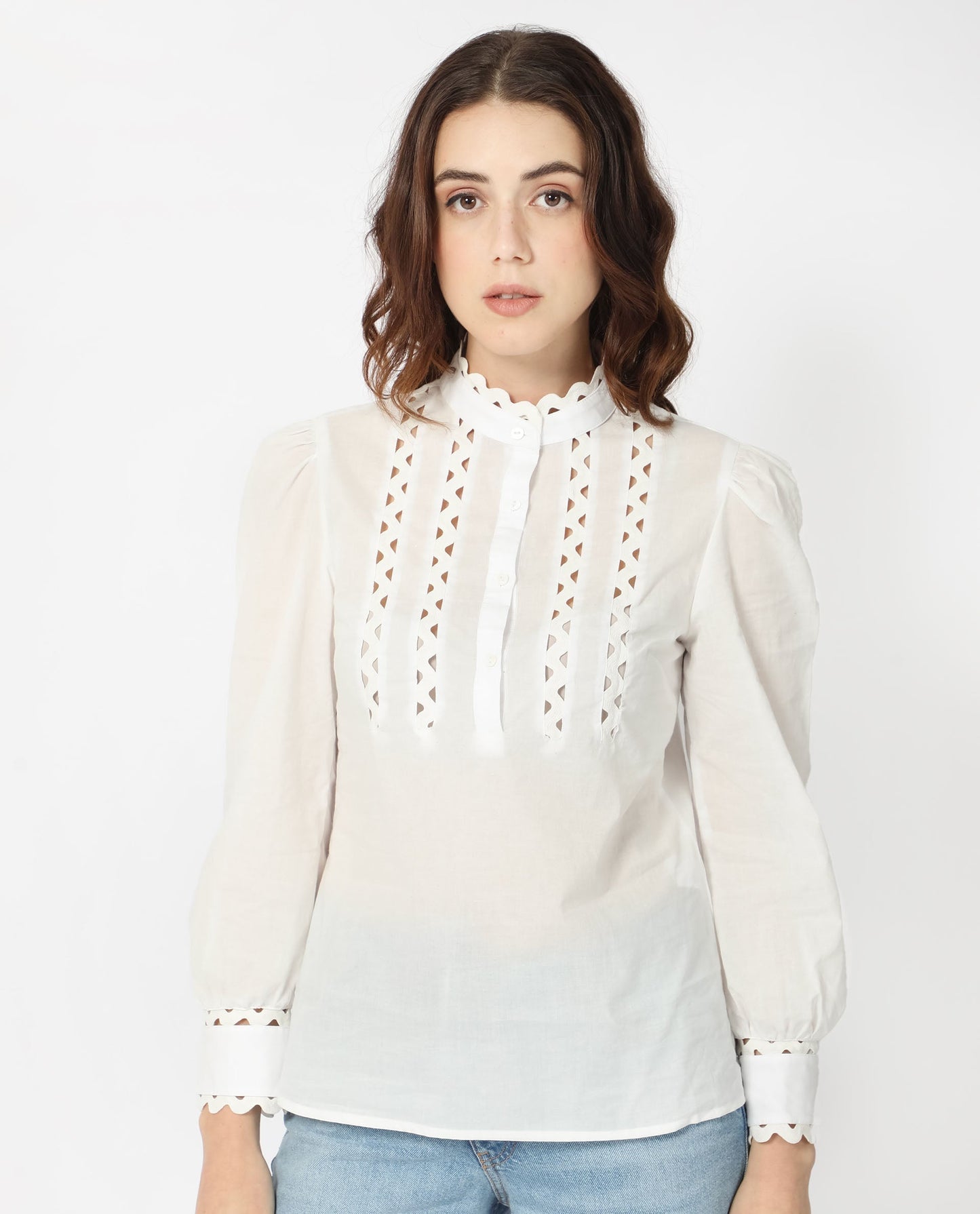 Rareism Women Basil Off White Cotton Fabric Full Sleeves Button Closure Mandarin Collar Cuffed Sleeve Regular Fit Plain Blouse Top