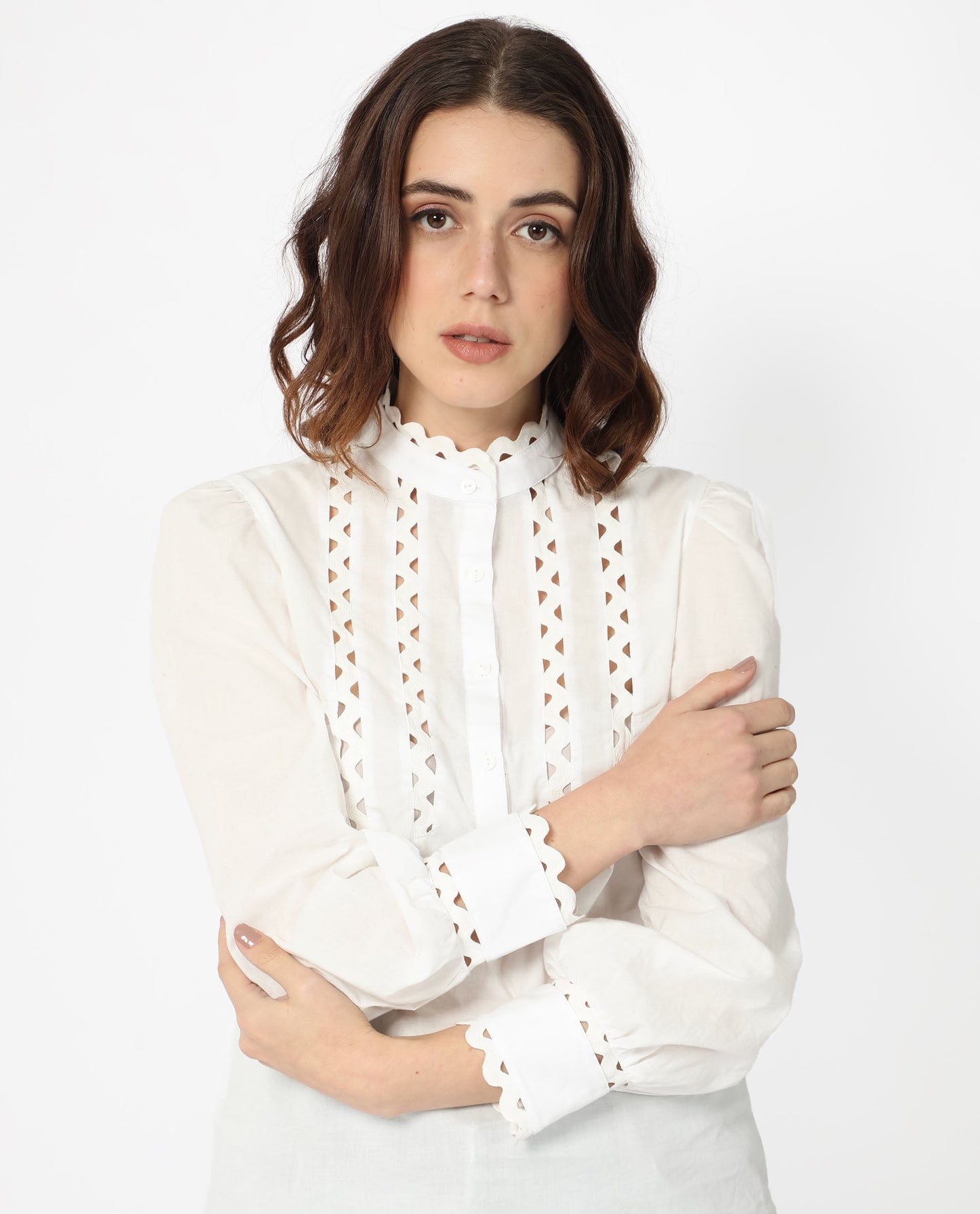 Rareism Women Basil Off White Cotton Fabric Full Sleeves Button Closure Mandarin Collar Cuffed Sleeve Regular Fit Plain Blouse Top