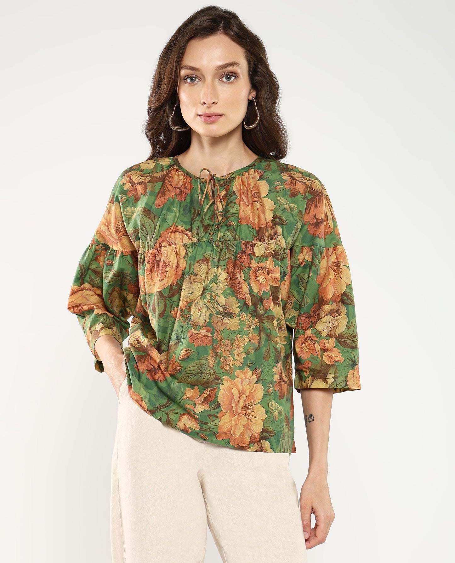 Rareism Women Baudel Green Kimono Sleeve Tie-Up Neck Tie Up Closure Relaxed Fit Floral Print Top