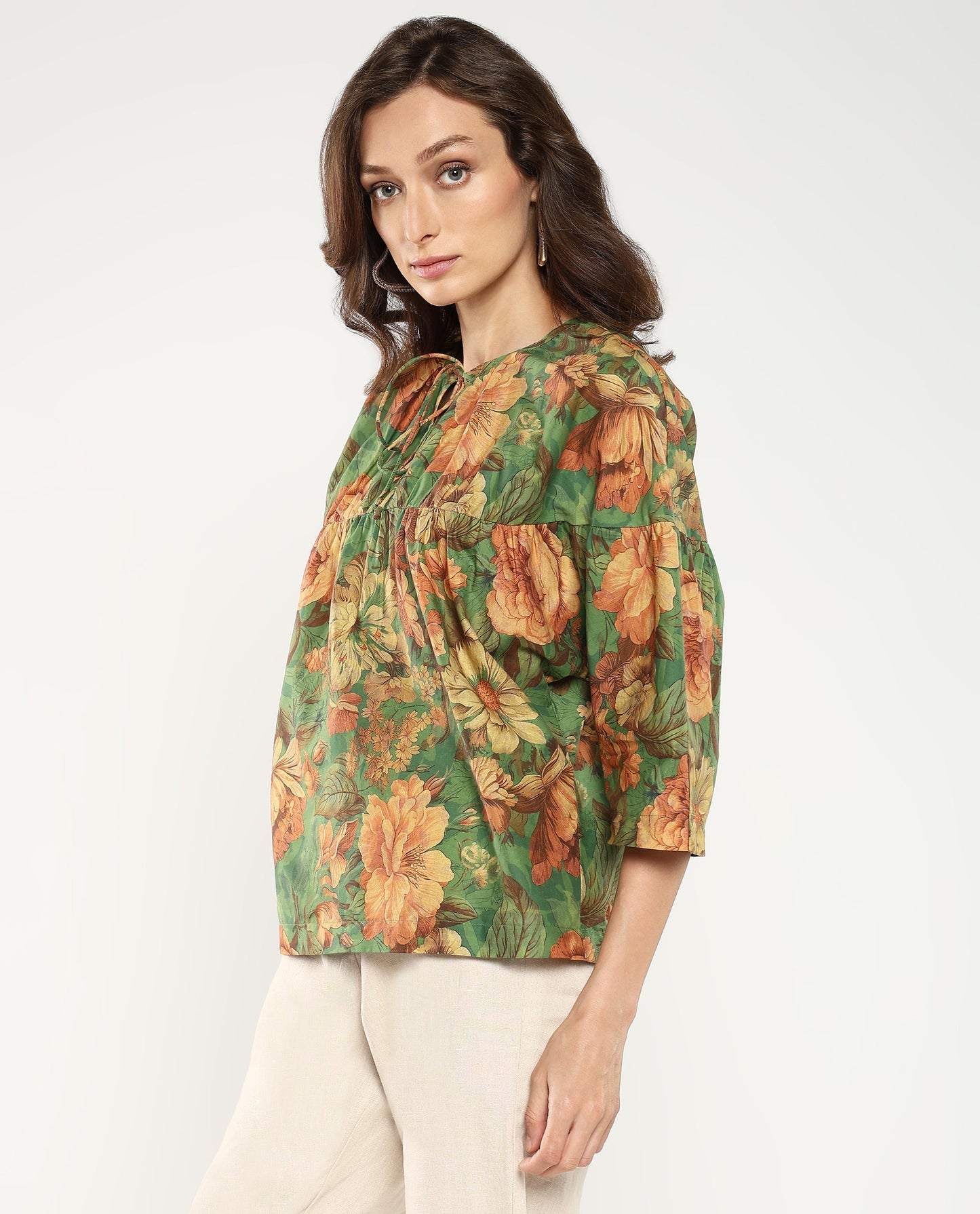 Rareism Women Baudel Green Kimono Sleeve Tie-Up Neck Tie Up Closure Relaxed Fit Floral Print Top