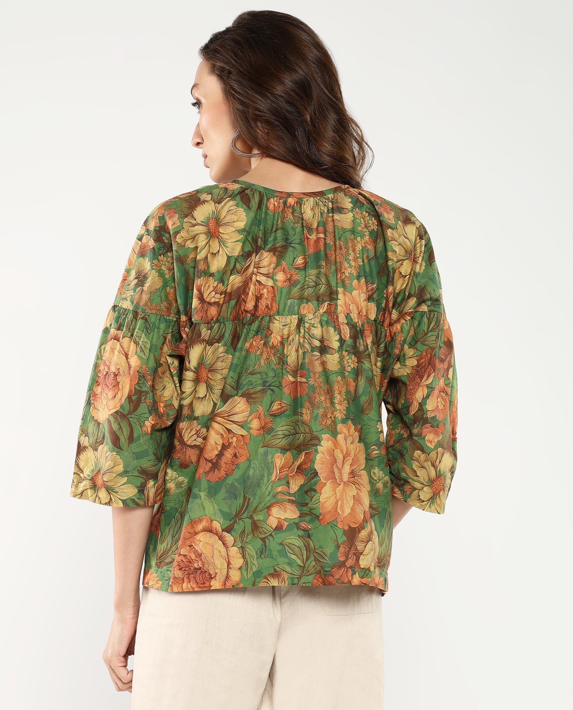 Rareism Women Baudel Green Kimono Sleeve Tie-Up Neck Tie Up Closure Relaxed Fit Floral Print Top