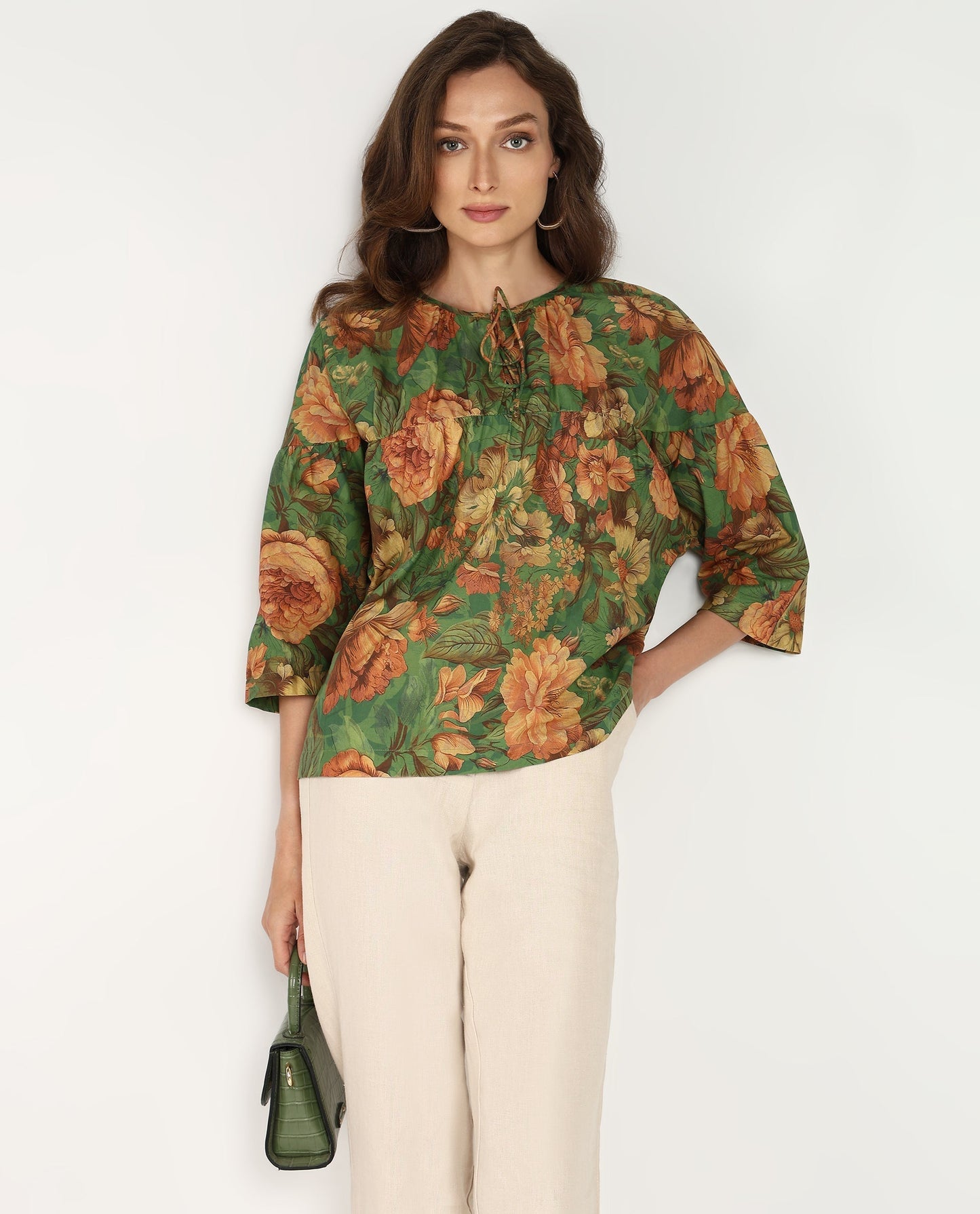 Rareism Women Baudel Green Kimono Sleeve Tie-Up Neck Tie Up Closure Relaxed Fit Floral Print Top