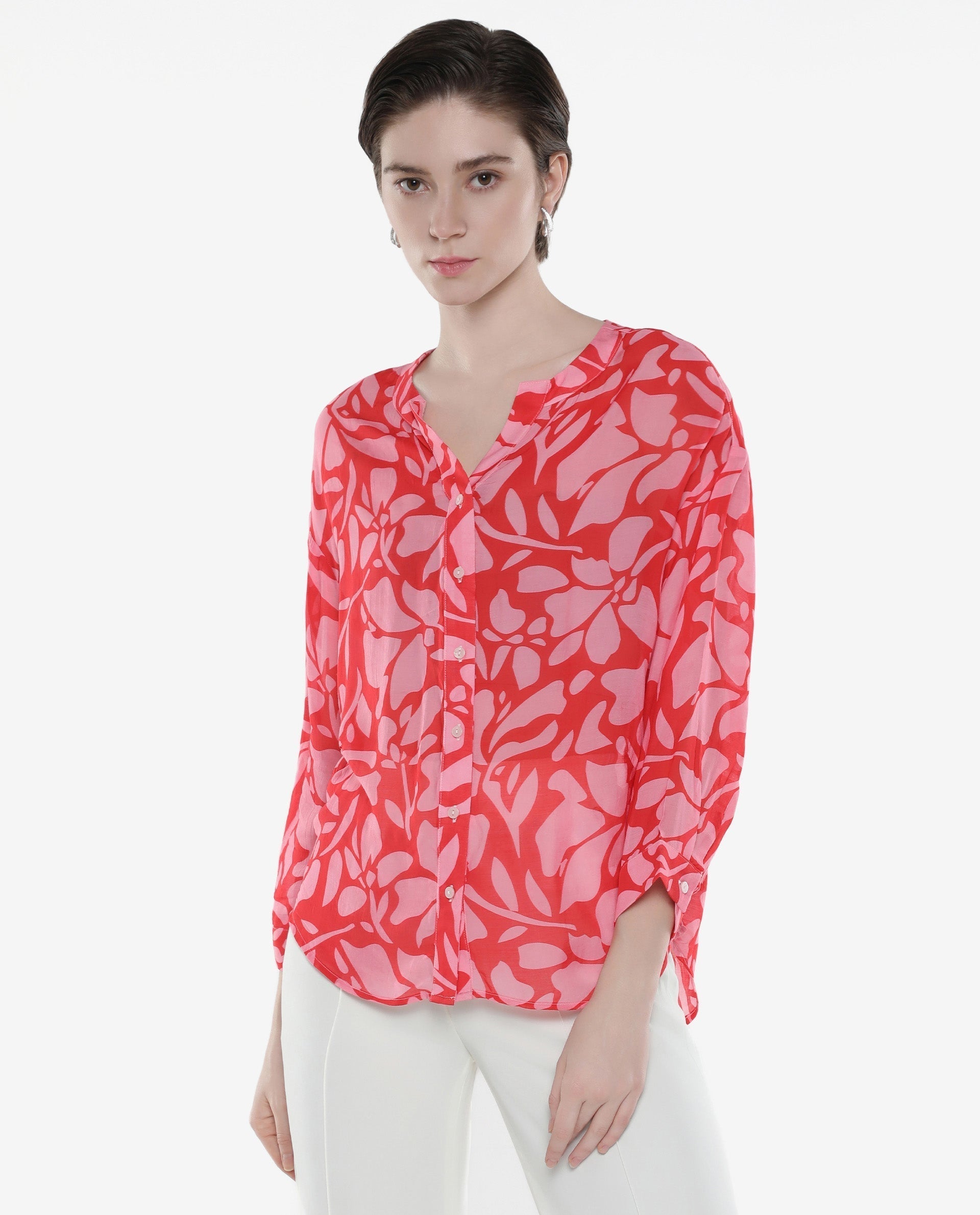 Rareism Women Bayton Red Button Closure Cuffed Sleeve Mandarin Collar Relaxed Fit Floral Print Top