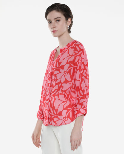 Rareism Women Bayton Red Button Closure Cuffed Sleeve Mandarin Collar Relaxed Fit Floral Print Top