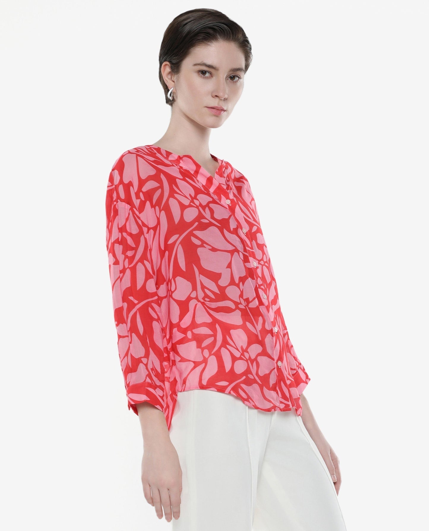 Rareism Women Bayton Red Button Closure Cuffed Sleeve Mandarin Collar Relaxed Fit Floral Print Top