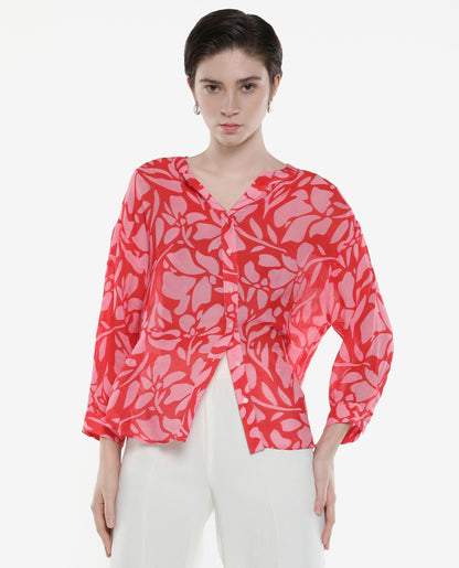 Rareism Women Bayton Red Button Closure Cuffed Sleeve Mandarin Collar Relaxed Fit Floral Print Top