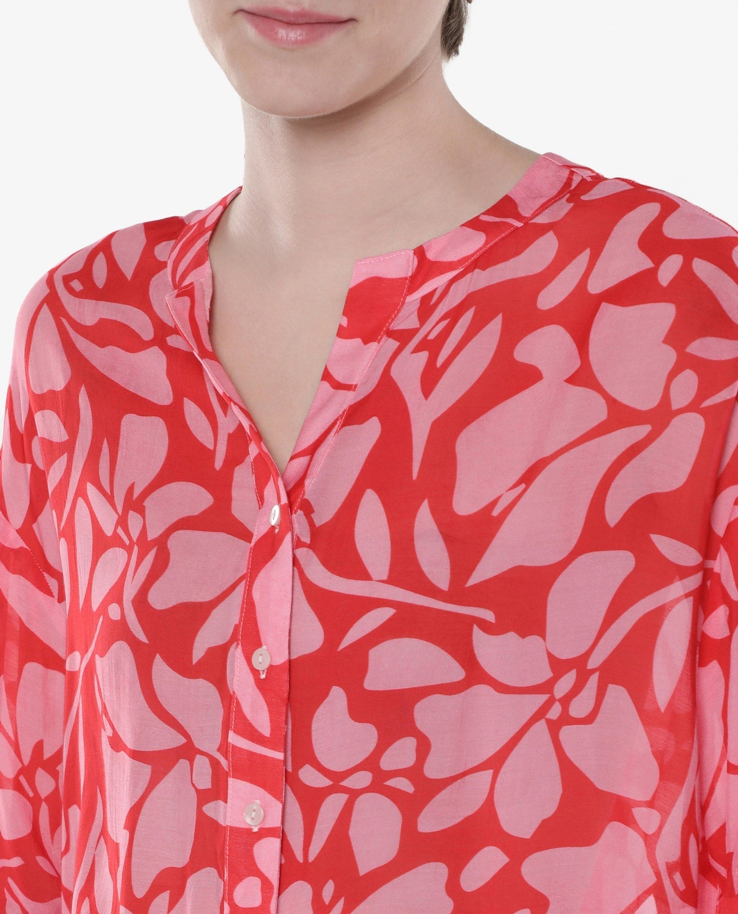 Rareism Women Bayton Red Button Closure Cuffed Sleeve Mandarin Collar Relaxed Fit Floral Print Top