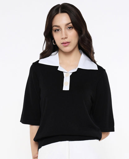 Rareism Women Bene Black Relaxed Fit Plain Top