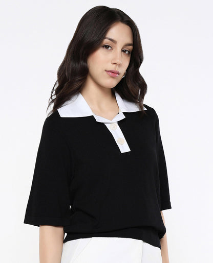 Rareism Women Bene Black Relaxed Fit Plain Top