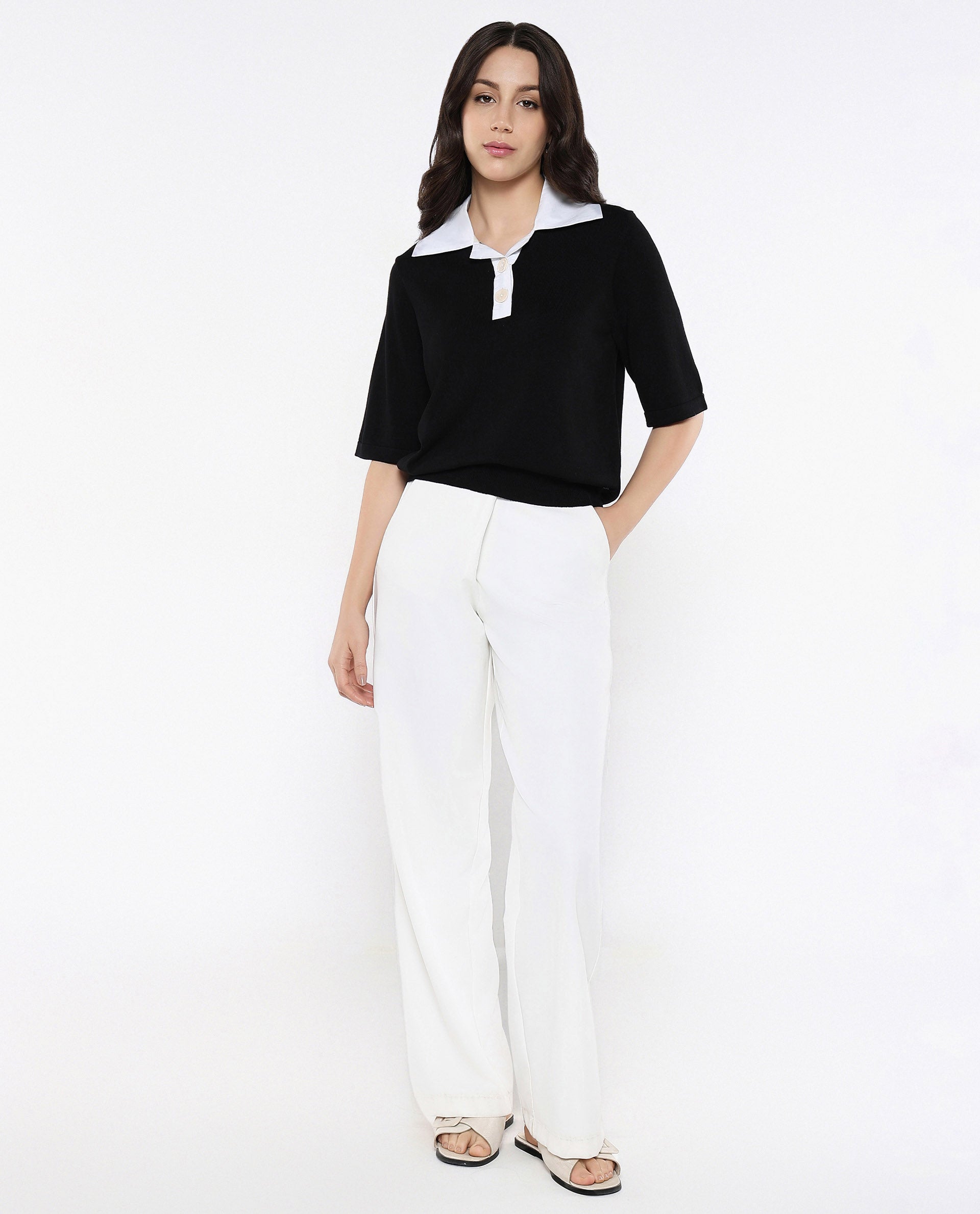 Rareism Women Bene Black Relaxed Fit Plain Top