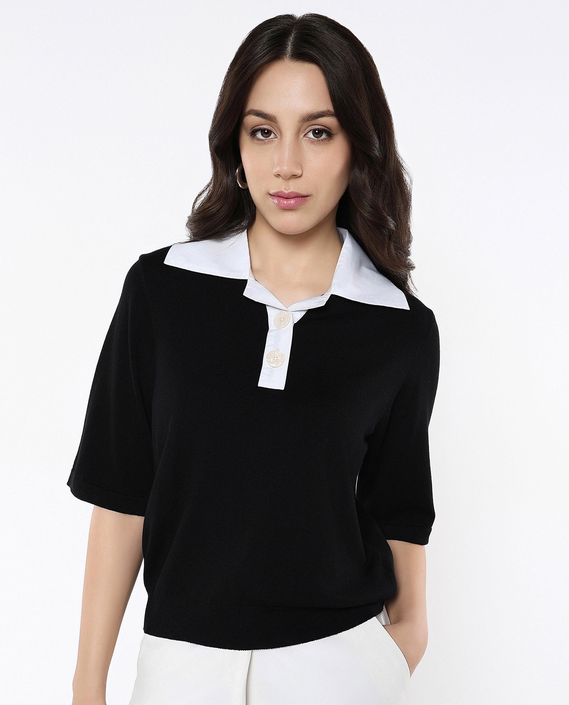 Rareism Women Bene Black Relaxed Fit Plain Top