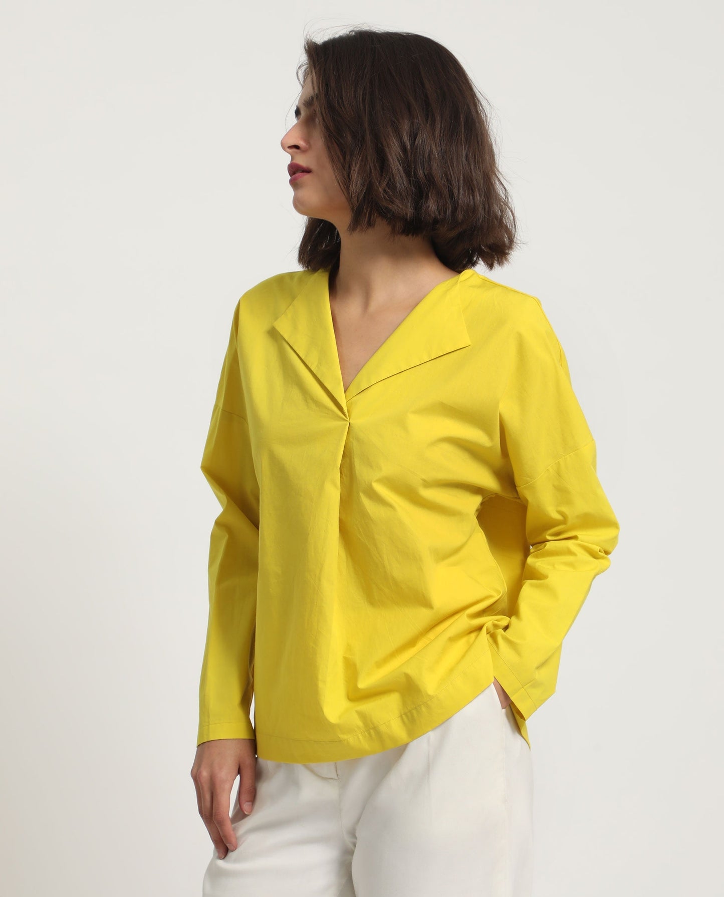 Rareism Women Berge Yellow Polyester Fabric Regular Fit Lapel Neck Full Sleeves Solid Top